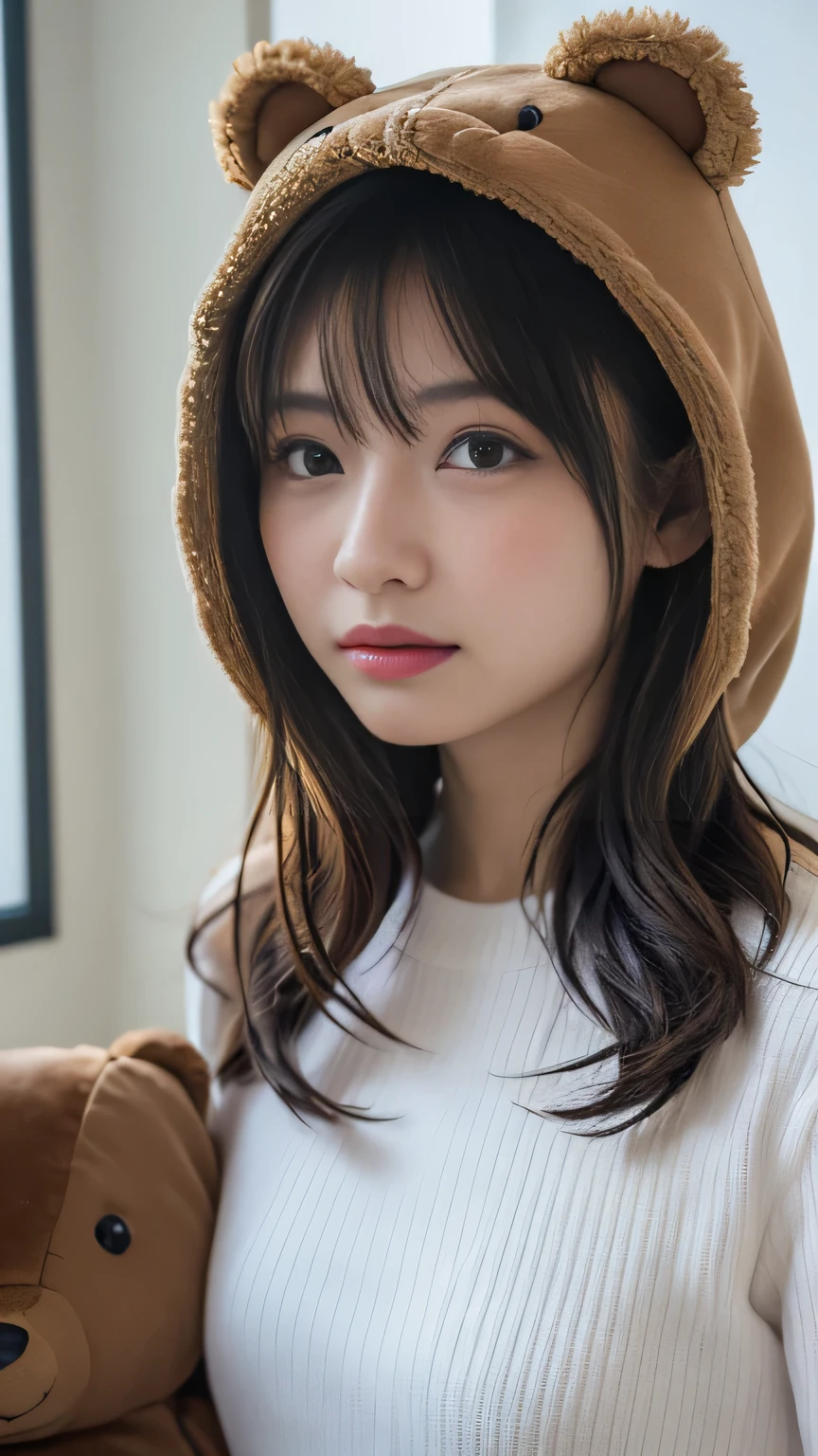 Em1lyW1ll1sV2-130, (5), Long Hair, Modern photography, wear (bear costume), (Portraiture), Cute Bear Onesie Pajamas, Super soft light brown plush fabric, debtわdebtわフード, Cute bear hood, (35mm, debt/2.8) Photo debtocus, DOdebt, Aperture, Highly detailed and exquisite, character, Hypermaximalist, beautiful, reveal, Charm, Charm, Affectionate, Ultra-realistic, Very detailed, beautiful woman, ((Fine grain)), Long eyelashes, (Glossy Lips), in the her bed room, SFW