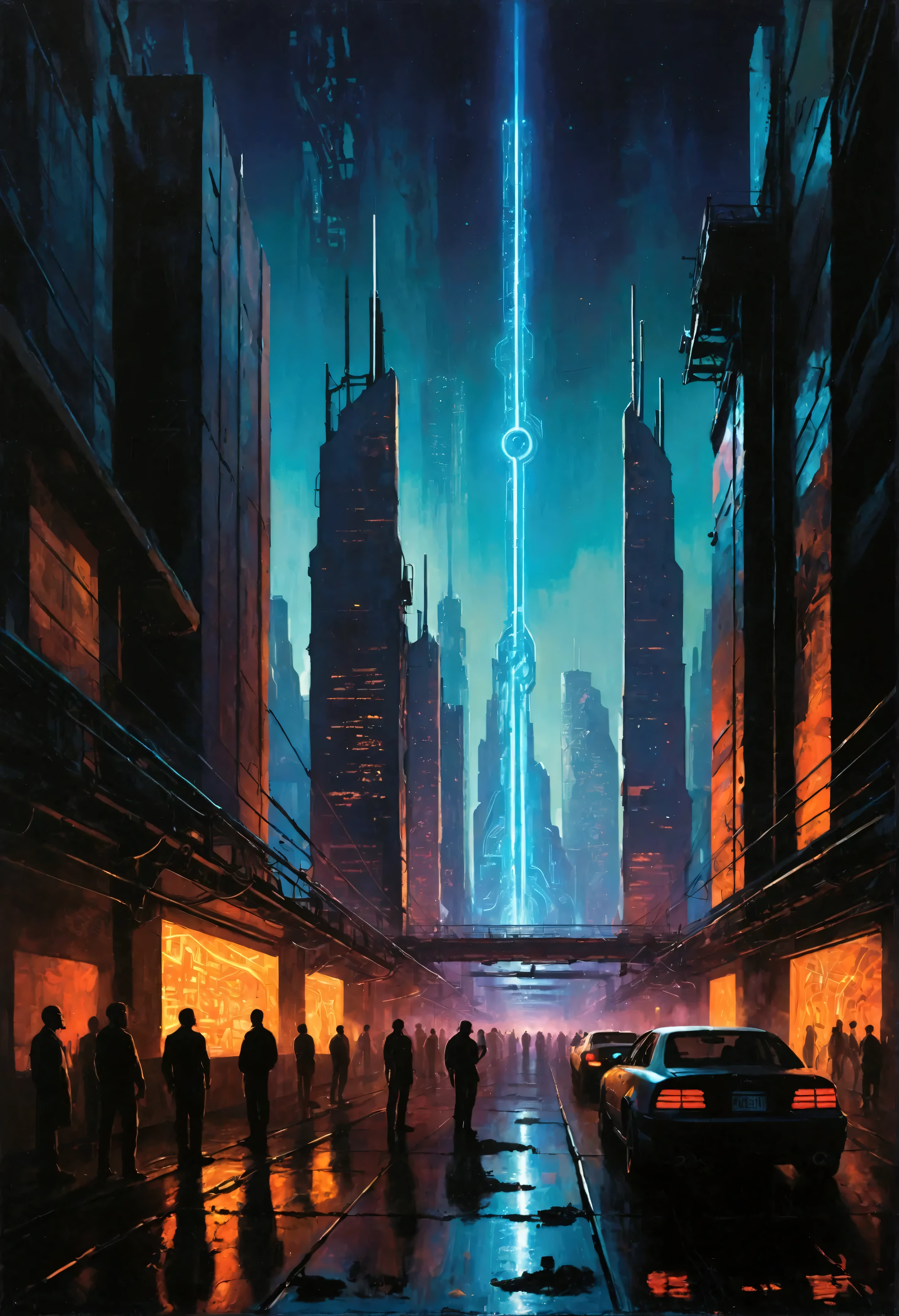 The city unfolds before you like a sprawling tapestry of neon and shadows, a cyberpunk metropolis undergoing radical transformation. Amidst the neon-glow and electricity humming through the air, heavy machinery with cybernetic enhancements carry out their construction duties with an almost ethereal grace. These machines, with their exoskeleton-like frames, are riddled with sensor arrays and holo-displays, emitting beams of light that dance across the darkened cityscape. Massive autonomous drills carve into the asphalt, their cores glowing an electric blue as they extract resources to be repurposed for future construction. Elevating platforms whisk materials from one level to another, operated by robotic arms that wield an arsenal of tools emitting sequences of sparks and digital readouts. Overhead, the monorail glides like a serpent, connecting various redevelopment nodes within the city, serving as a metaphor for the seamless integration of machinery and metropolis. The ambient soundscape hums with the wild symphony of pneumatic pistons and the distant chatter of digital displays. This vision of urban renewal casts a bold shadow over the past, where every corner, every facade, and every piece of machinery tells the tale of evolution at the intersection of man, machine, and metropolis.