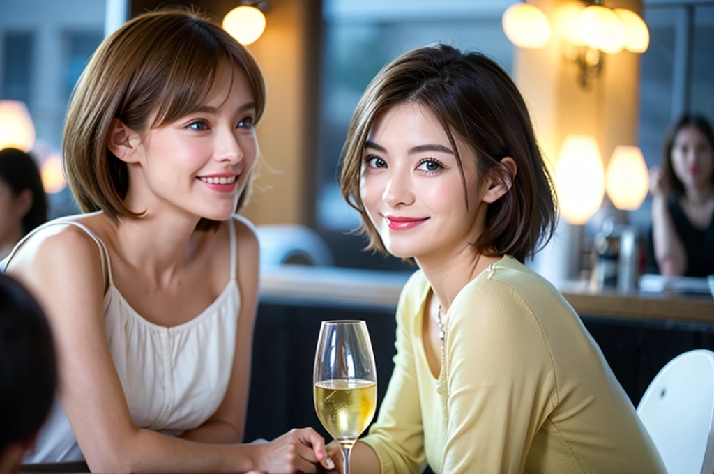((Highest quality、8K、masterpiece:1.3))、slimカップル、modelカップル、(Realistic, Intricate details:1.2), full-course dinner、Wine Party、Amazing view of the sunset sky and clouds、A bright smile、The wonderfulness of smile、Bright image、The beauty of wine, Beautiful Face, blue eyes, The light shines on your face, Blushing, short hair,Bright Face、 (Age 37), 39 years old, red wine 、Appetizers、Italian food、Wine bottle、Champagne、sparkling wine、Two beauties、Brown Hair、Shortcuts、Long sleeve shirt、dress、Beautiful woman 1, (slimな顔), (The body is slim), (Brown Hair), (Shortcuts), cheeks turn a little red,Attractive beauty、restaurant, In a prominent place (From the waist up) Nova Frog Style, actress, model, Upper Body, White wine, slim, wine glass, 中央に置かれたwine glass, smile, (smile: 1.15), Beautiful fine grain, Depth f/2,saturation, High Contrast, Strong light and shadow,Moist Body:1.5、3D texture、Delicate eyes、Brown Hair、The hair is very shiny、