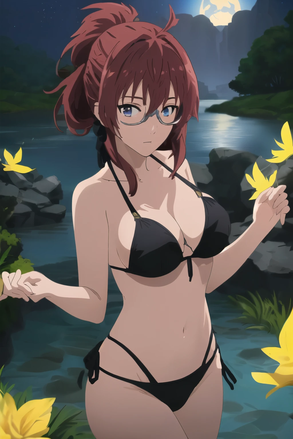 2d anime, woman, Lilia Greyrat from Mushoku Tensei, red hair, eyeglasses, black bikini, sexy, fair skin, masterpiece, best quality