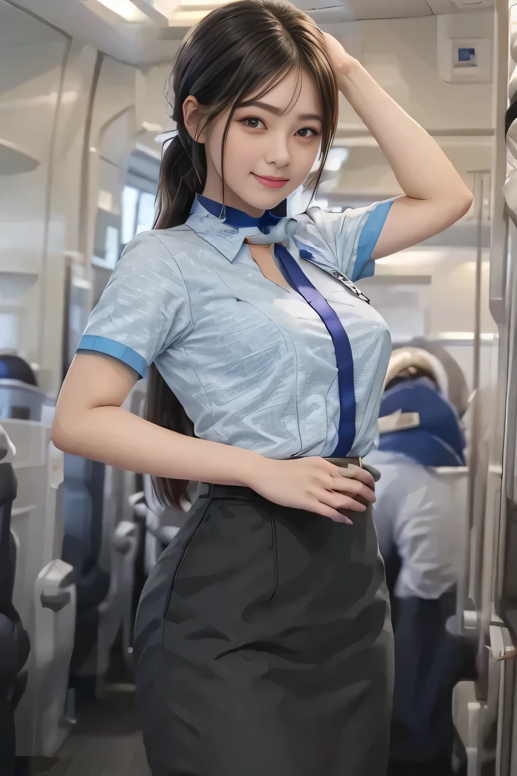 (masterpiece:1.2, Best Quality:1.2), 32K HDR, High resolution, (Alone、1 girl)、(on board、Professional Lighting)、In-flight background、(ANA flight attendant uniform blueを着たリアルスタイル)、((ANA flight attendant uniform blue short sleeve blouse 、 ANA flight attendant uniform blue skirt with blue line on the back、Scarf around the neck))、Dark brown hair、(Long Hair、Hair tied up、Hair tied up)、Dark brown hair、Long Shot、Big Breasts、Thin legs、((Great hands:2.0)),((Harmonious body proportions:1.5)),((Normal limbs:2.0)),((Normal finger:2.0)),((Delicate eyes:2.0)),((Normal eyes:2.0)))、smile、(ANA flight attendant uniform blueを見せた美しい後ろ姿)、Hands down