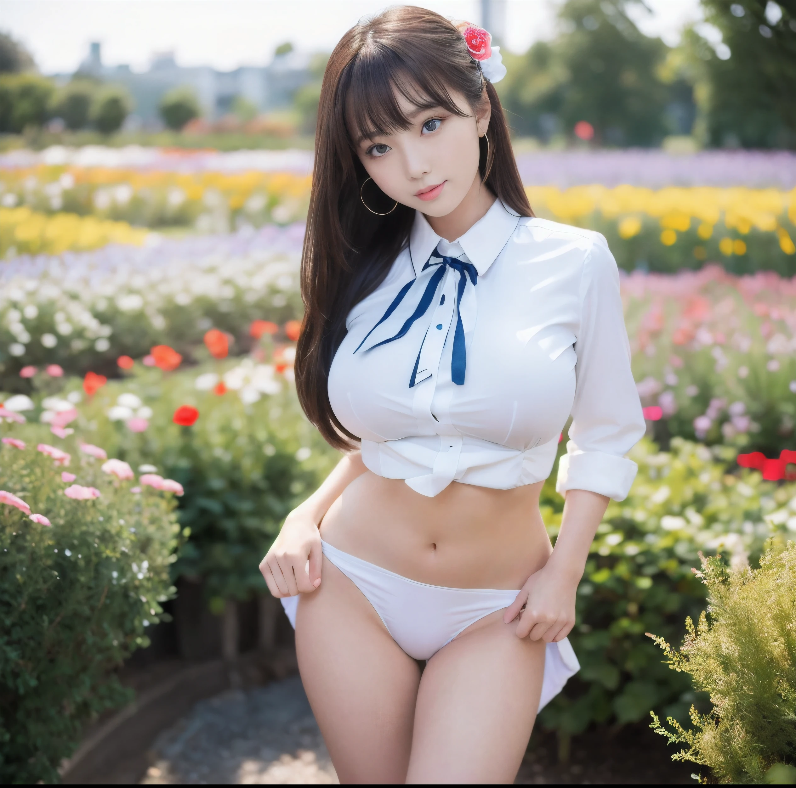 (reality: 1.4),highest quality, masterpiece, high detail, 16K quality, beautiful, 1 beautiful girl,japanese,super beautiful face,,japanese idol face,cute face,super detailed face,detailed hand,beautiful skin,oily skin,big eyes,profeccional lighting,long hai,black hair,brown beautiful eyes, standing,(skirt lift),(showing panty),big smile,(spread legs),big breasts,see through white shirt,cleavage,checked skirt,(white panty),she is looking at the camera,summer time,beach,blue sky,blue ocean, nsfw,from front,