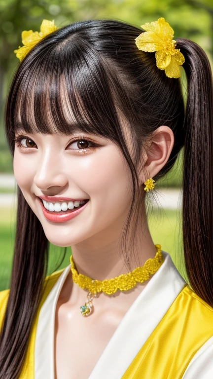 (realistic, photo-realistic:1.2), (masterpiece, best quality), high resolution, intricate details, extremely detailed, sharp focus, professional lighting, (profile), solo, 1girl, a Japanese female idol, (yellow clothes, idol costume), dark hair, (twintails hair, straight hair, blunt bangs, hair scrunchie, hair ornament:1.2), (detailed face, beautiful detailed eyes, sophisticated nose, beautiful pupils), ((cheerful grin, teeth out)), pale skin, fine-textured skin, (choker, jewelry), photo background, indoors, outdoors, blue sky and clouds,,,[Aki Suda,Cho-Tokimeki-Sendenbu]