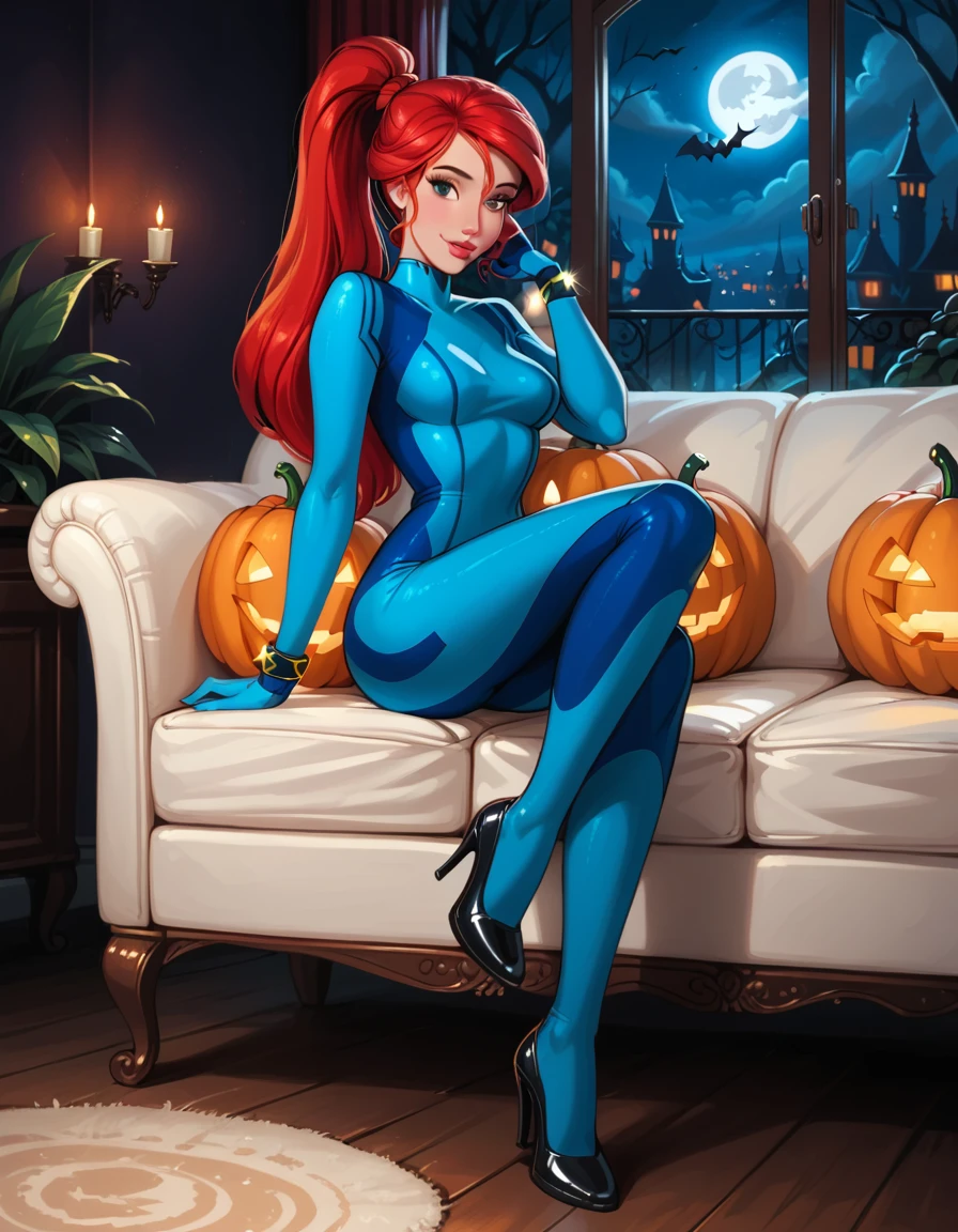 score_9, score_8_up, score_7_up, rating_questionable, epiCPhoto, 1girl, solo, very sexy (Disney's Ariel, ar_el, fair skin, red hair, ponytail, bangs:1.4), beautiful waifu, wearing (Samus Aran costume, blue bodysuit, zero suit, full bodysuit, full coverage, bracelet, gloves, skin tight, heels:1.1), long legs, confident, flirt, gaze, sexy look, cute smile, head tilt, filled lips, thick lips, sitting on large sofa, in the living room, model pose, modelling shoot, elegant, glamorous, beautiful modern apartment, city living, (Halloween theme:1.3), night, dark, dimly lit, expressiveh d4rk01l, perfect hands, perfect proportions.