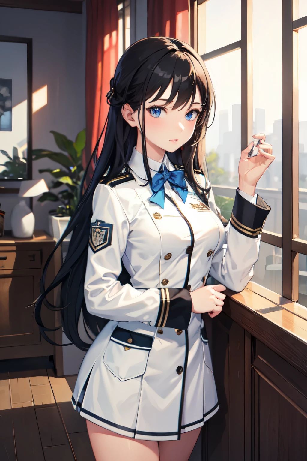 (masterpiece, best quality, detailed), 1girl, solo, looking at viewer, <lora:Sakamoto:0.9>, SakamotoAi, long hair, black hair, brown eyes, medium breasts, ponytail, eyepatch, bangs, 
policewoman, police uniform, police hat, necktie, pencil skirt, armband, breast pocket, indoors, convenience store, shop, <lora:breasts_squeezed_together_v0.2:1> (breasts squeezed together, v arms), smile, parted lips