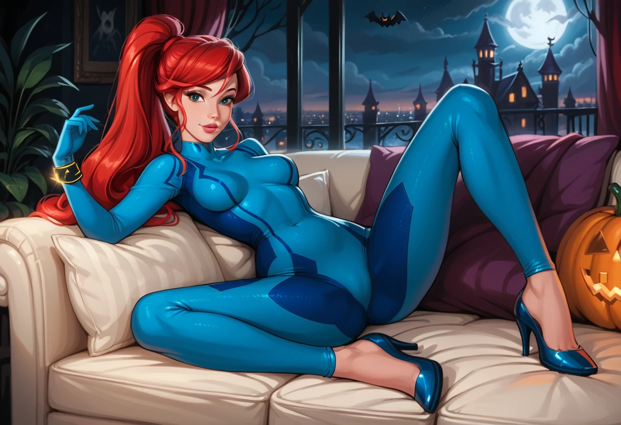 score_9, score_8_up, score_7_up, rating_questionable, epiCPhoto, 1girl, solo, very sexy (Disney's Ariel, ar_el, fair skin, red hair, ponytail, bangs:1.4), beautiful waifu, wearing (Samus Aran costume, blue bodysuit, zero suit, full bodysuit, full coverage, bracelet, gloves, skin tight, heels:1.1), long legs, confident, flirt, gaze, sexy look, cute smile, head tilt, filled lips, thick lips, sitting on large sofa, in the living room, model pose, modelling shoot, elegant, glamorous, beautiful modern apartment, city living, (Halloween theme:1.3), night, dark, dimly lit, expressiveh d4rk01l, perfect hands, perfect proportions.