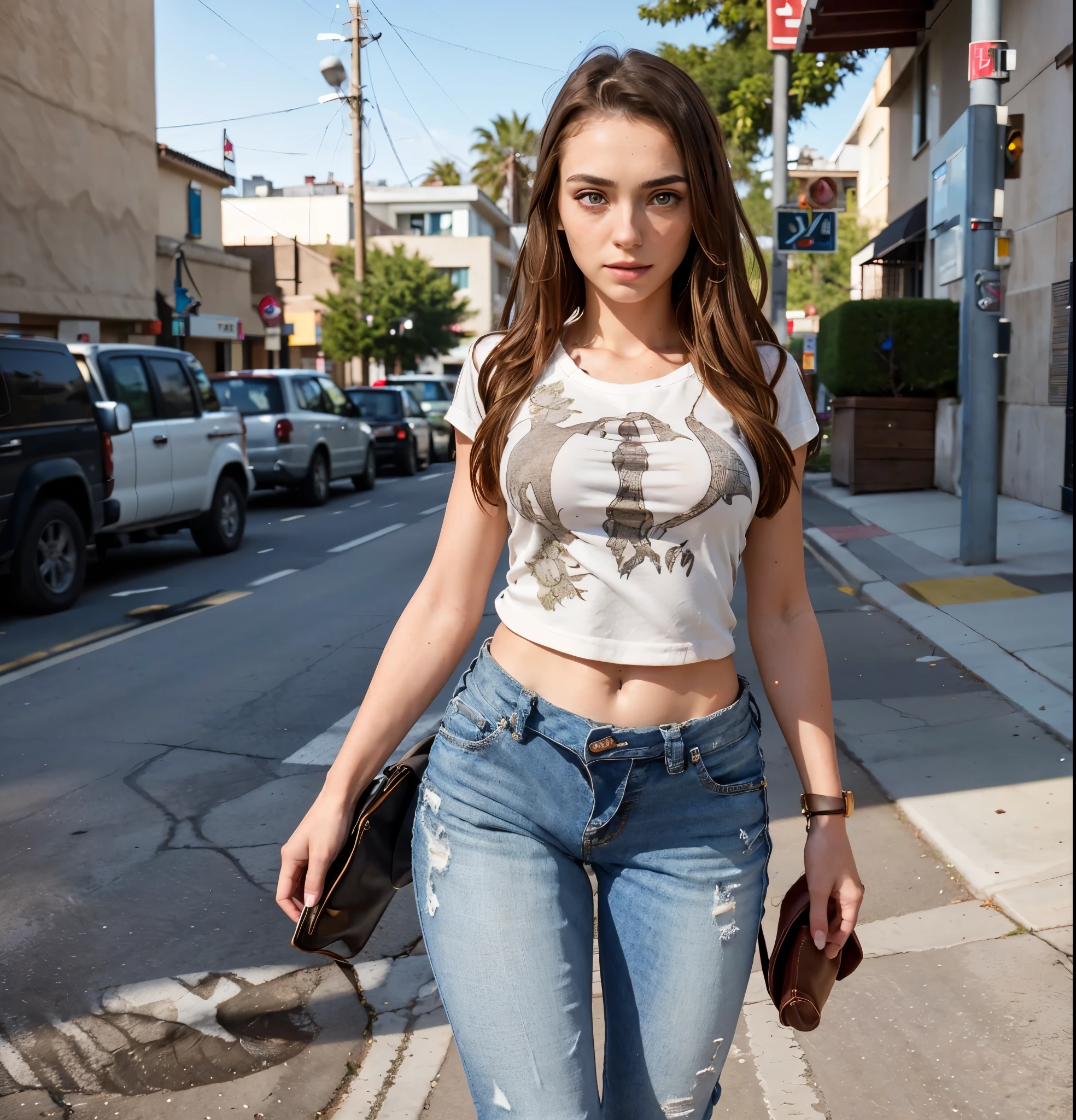 RAW photo, (a portrait photo of a woman: 1.2), ((a street sidewalk: 1.1)), (highly detailed skin: 1.1), detailed eyes, 8k uhd, dslr, soft lighting, best quality, Beautiful.  , shirt, pants. model legs, (High Class: 1.4) (photo realistic: 1.4), (realistic: 1.3), (best quality real textured skin: 1.4), (increase skin texture beauty: 1.1), graphics ULTRA, real skin: 1.2, bright pupils, tall woman, extremely detailed and realistically sized eyes. SPORTS girl. model