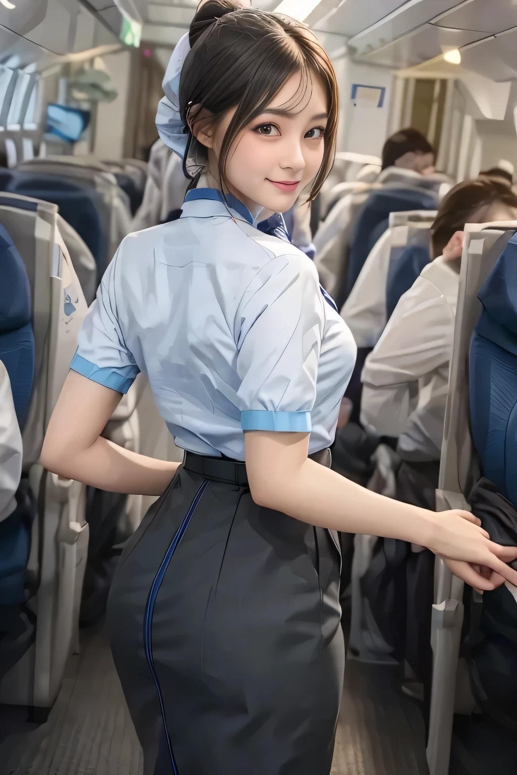 (masterpiece:1.2, Best Quality:1.2), 32K HDR, High resolution, (Alone、1 girl)、(on board、Professional Lighting)、In-flight background、(ANA flight attendant uniform blueを着たリアルスタイル)、((ANA flight attendant uniform blue short sleeve blouse 、 ANA flight attendant uniform blue skirt with blue line on the back、Scarf around the neck))、Dark brown hair、(Long Hair、Hair tied up、Hair tied up)、Dark brown hair、Long Shot、Big Breasts、Thin legs、((Great hands:2.0)),((Harmonious body proportions:1.5)),((Normal limbs:2.0)),((Normal finger:2.0)),((Delicate eyes:2.0)),((Normal eyes:2.0)))、smile、(ANA flight attendant uniform blueを見せた美しい後ろ姿)、Hands down