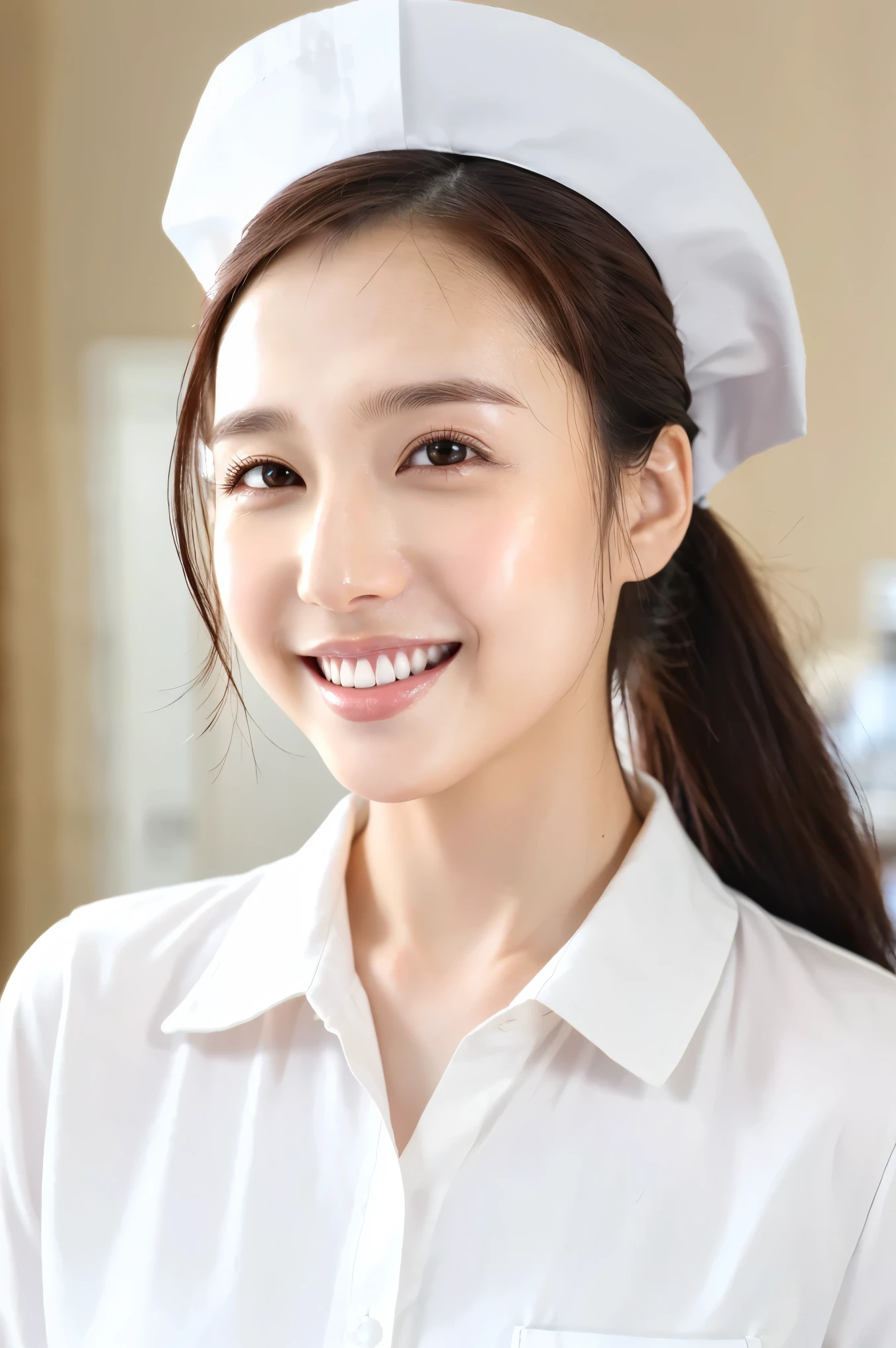 (Best Quality、Tabletop、Best Quality、Award-winning works)、(1 nurse:1.3)、( perfect pure white nurse coat:1.3)、 perfect nurse cap 、Perfect portrait photography、Glowing Skin、Standing gracefully、(Face close-up:1.2)、(white hospital room background :1.1)、(The background of the hospital room is strongly blurred:1.2)、Glowing White Skin、The skin is very white、smile、(Perfect and beautiful teeth alignment :1.3)、Tyndall effect、( very bright white light:1.2)、Show forehead 、nose、Perfect beautiful face、(ponytail:1.2)