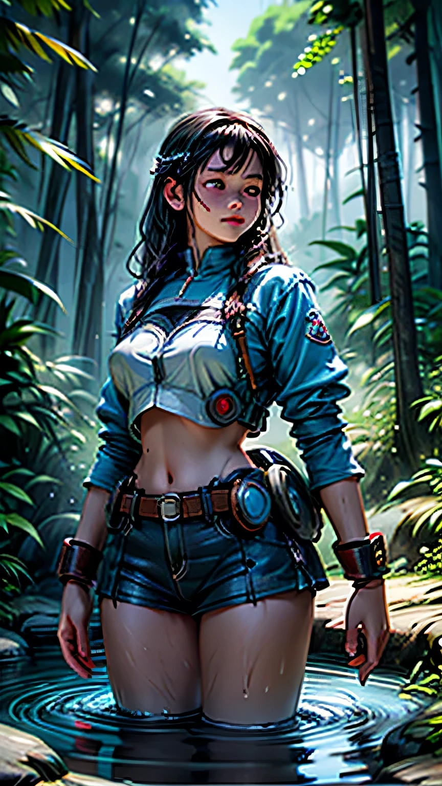maozonia indigenous girl, 18 years old, bathing in a river, in the middle of the forest, a jaguar watching from afar, sad, Clockpunk, Gamercore, street level view, Blender rendering, 100mm, Sculpture, iridescent colors, Medicalcore, strobe lighting, ultra realistic, photorealistic, octane render, unreal engine, hyper detailed, volumetric lighting, hdr, octane render, fantasy 4k 8K