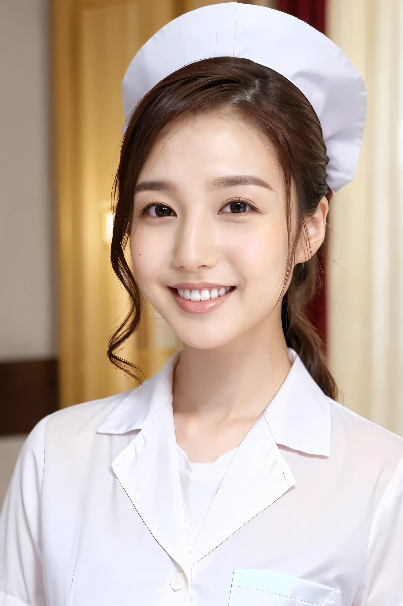 (Best Quality、Tabletop、Best Quality、Award-winning works)、(1 nurse:1.3)、( perfect pure white nurse uniform :1.3)、 perfect nurse cap 、Perfect portrait photography、Glowing Skin、Standing gracefully、(Face close-up:1.2)、(white hospital room background :1.1)、( hospital room background is strongly blurry:1.2)、Glowing White Skin、The skin is very white、smile、(Perfect and beautiful teeth:1.3)、Tyndall effect、(Very bright white lighting:1.2)、show forehead、nose、Perfect beautiful face、(ponytail:1.2)