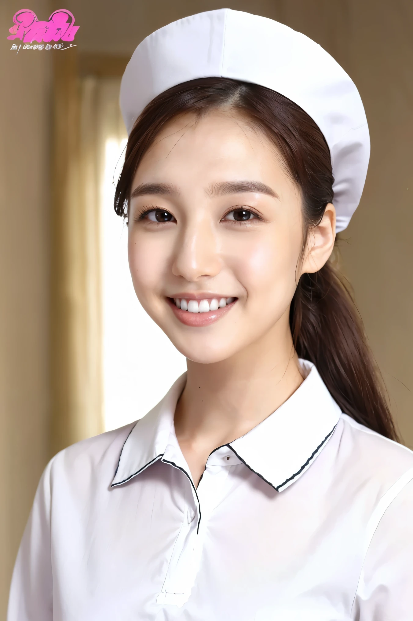 (Best Quality、Tabletop、Best Quality、Award-winning works)、(1 nurse:1.3)、( perfect pure white nurse uniform :1.3)、 perfect nurse cap 、Perfect portrait photography、Glowing Skin、Standing gracefully、(Face close-up:1.2)、(white hospital room background :1.1)、( hospital room background is strongly blurry:1.2)、Glowing White Skin、The skin is very white、smile、(Perfect and beautiful teeth:1.3)、Tyndall effect、(Very bright white lighting:1.2)、show forehead、nose、Perfect beautiful face、(ponytail:1.2)