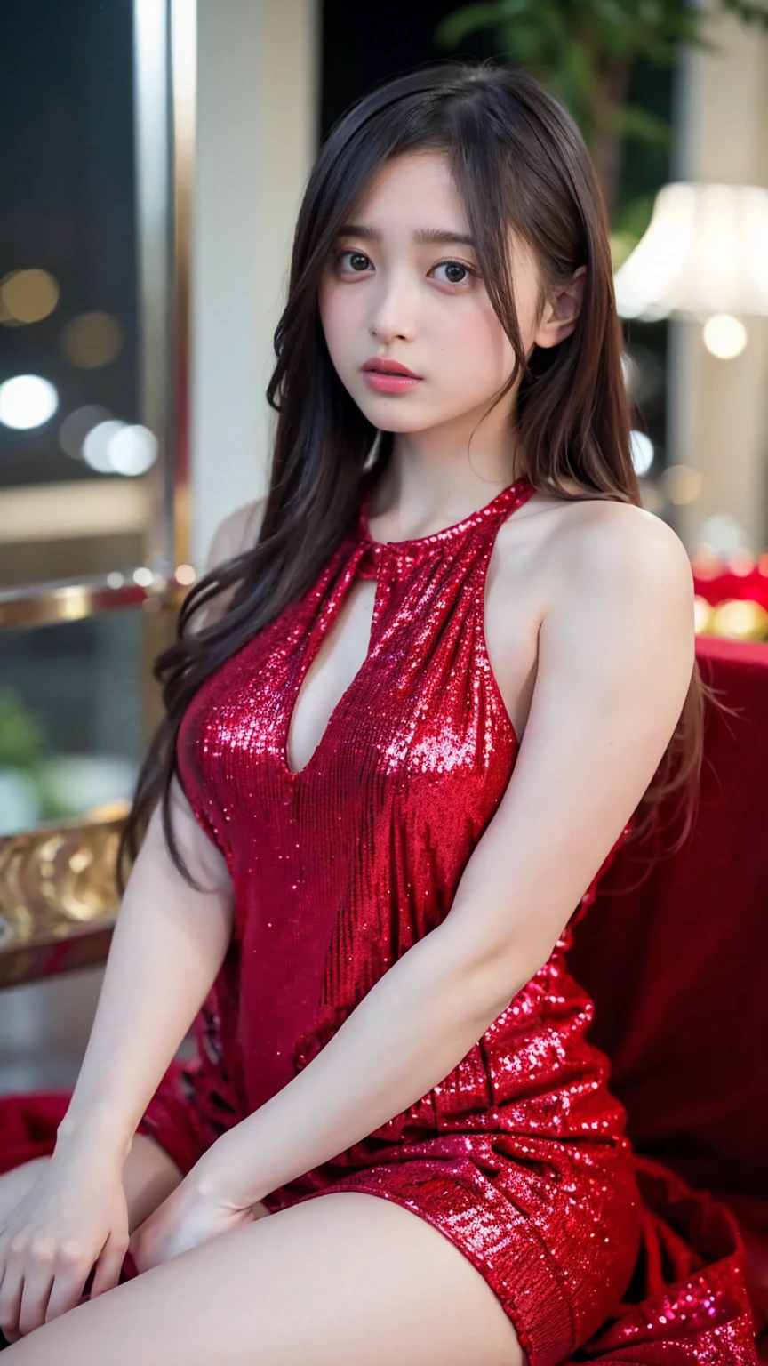 1girl,(wearing a red glittery evening mini dress:1.2),(RAW photo, best quality), (realistic, photo-realistic:1.4), masterpiece, an extremely delicate and beautiful, extremely detailed, 2k wallpaper, Amazing, finely detail, extremely detailed CG unity 8k wallpaper, ultra-detailed, highres, soft light, beautiful detailed girl, extremely detailed eyes and face, beautiful detailed nose, beautiful detailed eyes,cinematic lighting,city lights at night,slender body,(long hair with bangs), big breast, full body:1.4, sitting.