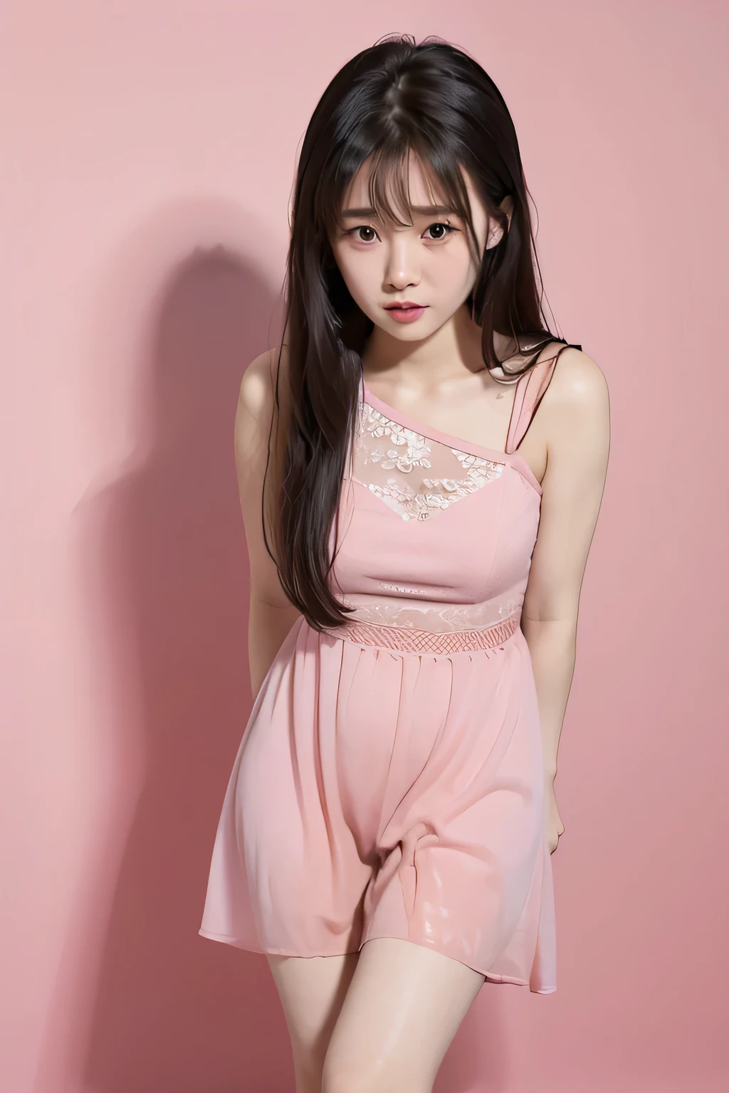 Chinese Girl，Tears，I peed my pants 。 pink dress。solid color background。