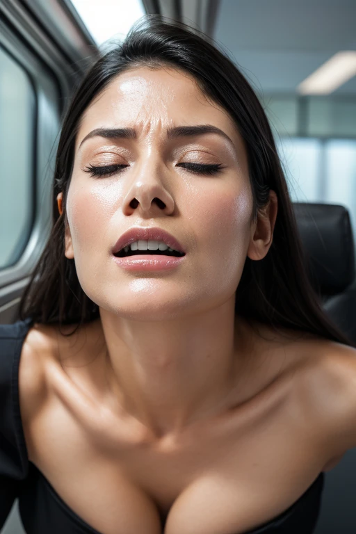 1 girl,debris flies,,Award-winning photo, very detailed, edge orgasm,face focus, (woman with open mouth and closed eyes ), 30 years old、black hair、shiny skin、close up of face,from below、realistic nostrils、elongated nasal cavity,、train、(train車内,at the window)、congestion、rush hour commute,Are standing、Surrounded by 6 male passengers((suit))((Being hugged and caressed by the man behind me)),big breasts、(sharp nose)frown performance:1.4, concept,teeth,performance,facial performances,frown,please raise your head、Skin shiny with sweat