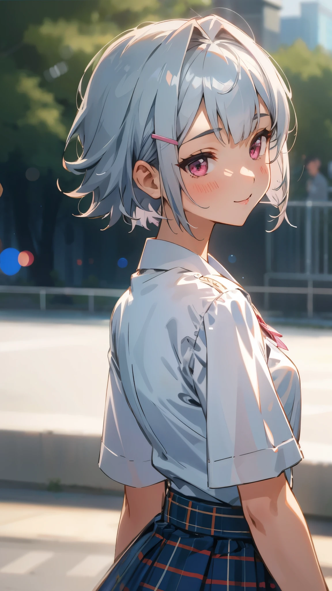 girl 1 person、8k、Sharp Focus、(Bokeh) (Best Quality) (Detailed skin:1.3) (Intricate details) (anime)、 silver short hair and bob hair、hair tied with hair clips 、Pink Eyes、white blouse shirt、Tartan Skirt、smile、From the side、Upper body close-up、Sharp contours、Morning cafe terrace、背景のBokeh、Written boundary depth