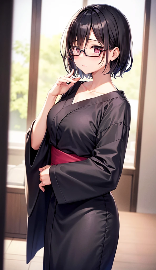 Black hair
Short
Yukata
Flat chest
Blushing face
Sticking out tongue