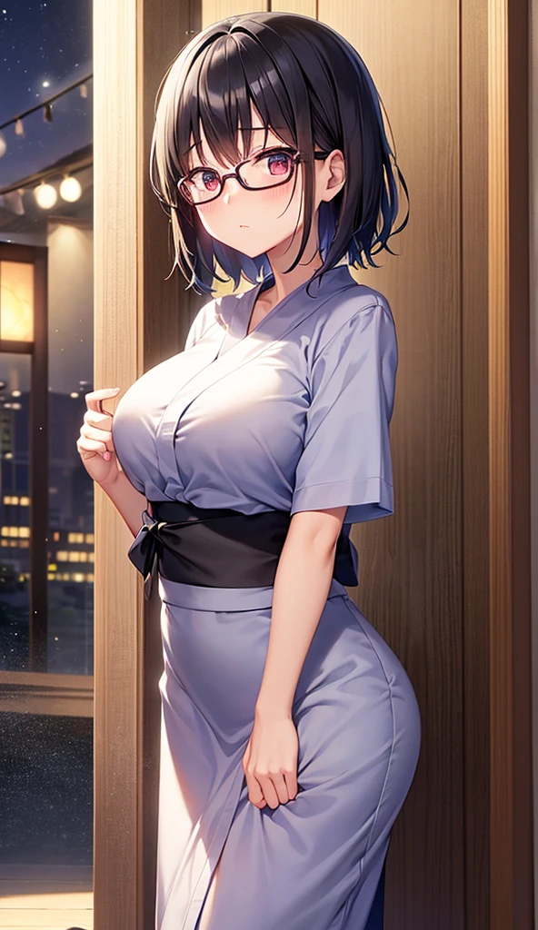 bathrobe, 1girl in, Blue hair、(Shortcut Hair:1.4)、Blue eyes、Blushing、(large full breas、(Valley:1.3)、(thighs thighs thighs thighs:1.2),breastsout, k at viewers, , long-sleeve, inside in room, One side up, the bow, Mouth closed, sullenness,cowboy shot, 鎖骨, bluntbangs, cleavage of the bre