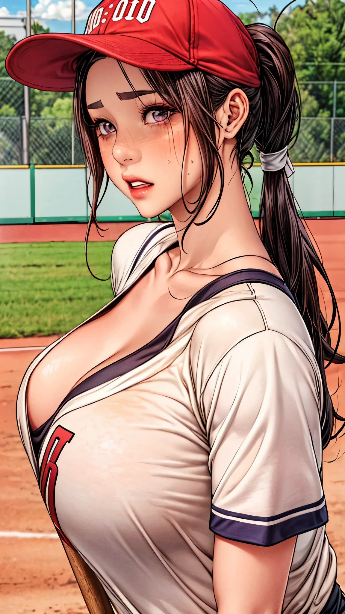 tmasterpiece， highly  detailed， best qualtiy， Ultra-high resolution， 1girll， solo，（Hinata flower proportions：1），Long hair hanging low, Hair Band, Hana's purple eyes, pony tails, Beautiful, Beautiful woman, Perfect body, perfect breastm, Wearing a white baseball shirt, Wearing a baseball cap, On the baseball field, holding a Baseball Bat, view the viewer, Slight smile, Realism, Masterpiece, Textured skin, Super detail, High detail, High quality, Best quality, 1080P, 16k，Big，Be red in the face，Blushlush，perspire，Sweat profusely，There are a lot of water droplets on the face，