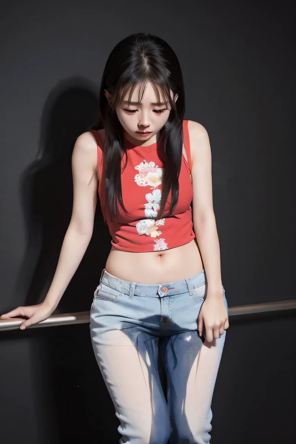 Chinese Girl,Tears,I peed my pants 。Wearing only underwear、Underwear。solid color background。