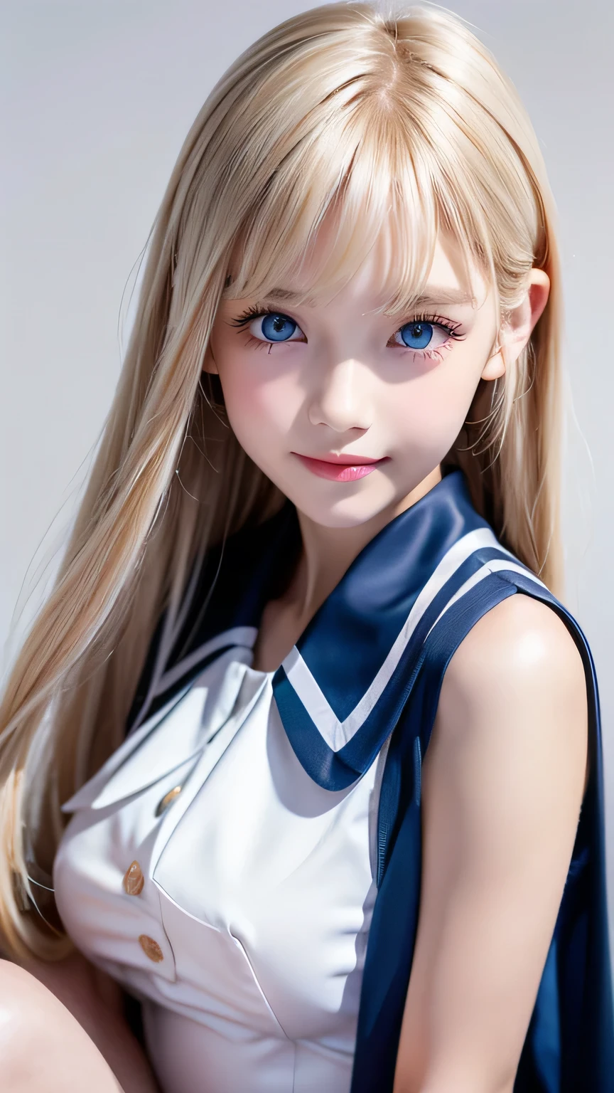 Portrait、School uniform、Bright expression、ponytail、Young shiny glossy white glossy skin、The best baby face looks、Blonde reflection、Platinum blonde hair with highlights、Shiny bright hair,、Smooth, super long, straight hair、Shiny, beautiful bangs、Sparkling, crystal clear, attractive, large, incredibly bright light blue eyes、Very beautiful, lovely and cute girl、Ample Bust