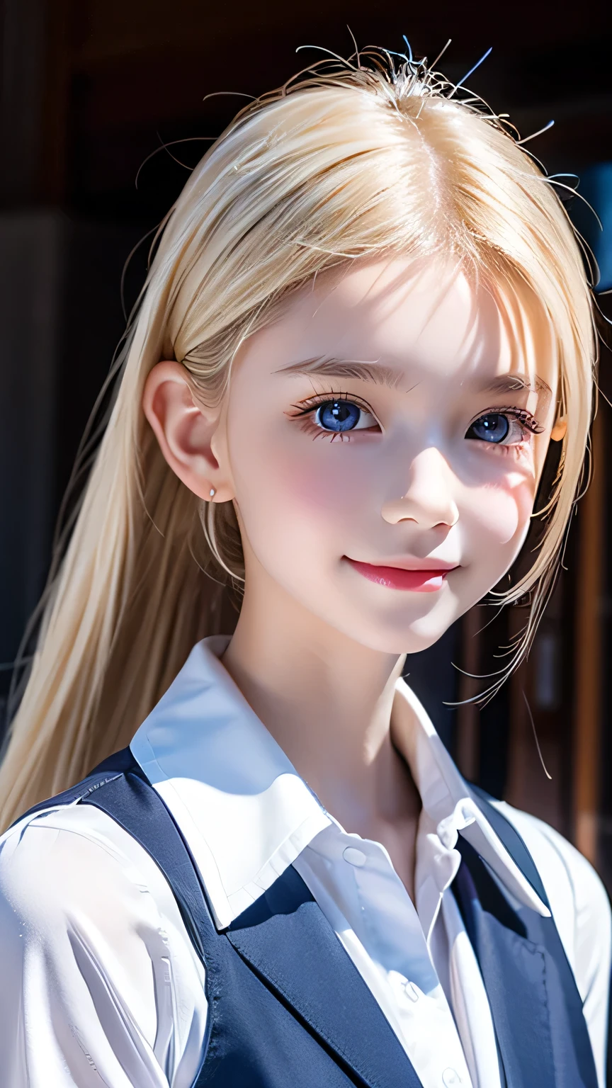 Portrait、School uniform、Bright expression、ponytail、Young shiny glossy white glossy skin、The best  looks、Blonde reflection、Platinum blonde hair with highlights、Shiny bright hair,、Smooth, super long, straight hair、Shiny, beautiful bangs、Sparkling, crystal clear, attractive, large, incredibly bright light blue eyes、Very beautiful, lovely and cute girl、Ample Bust