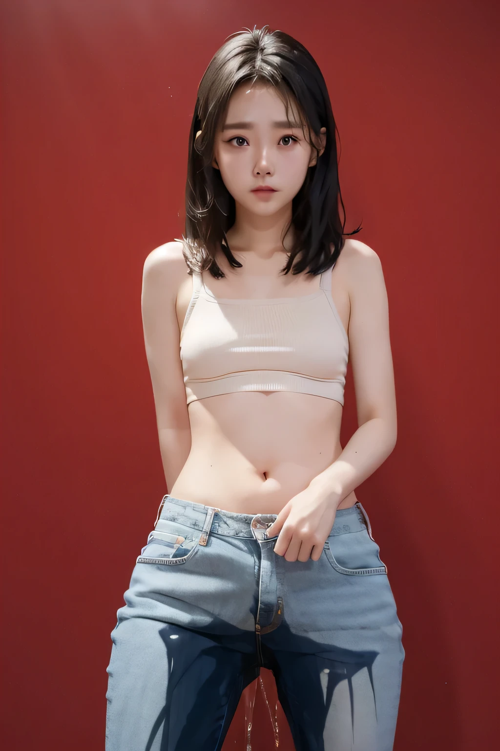 Chinese Girl，Tears，I peed my pants 。Wearing only underwear、Underwear。solid color background。