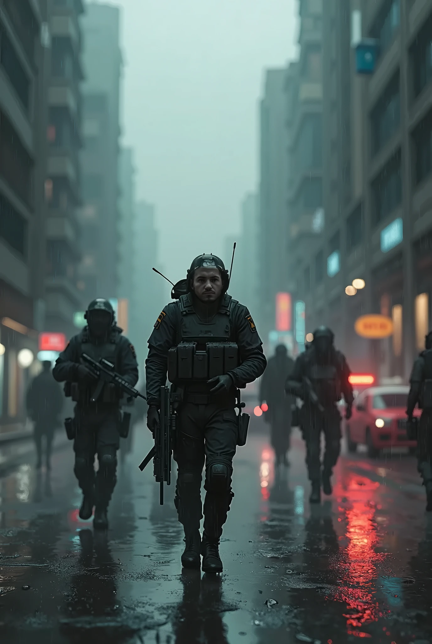 people are walking through a dark alley with firework in the background, by roger deakins, riot entertainment realistic, fabian wagner cinematography, riot entertainment, detailed atmospheric and gritty, unreal engine. film still, still image from batman movie, roger deakin ’ s cinematography, cinematic opening shot, in batman movie still cinematic, capitol riot, still from a music video --auto --s2
