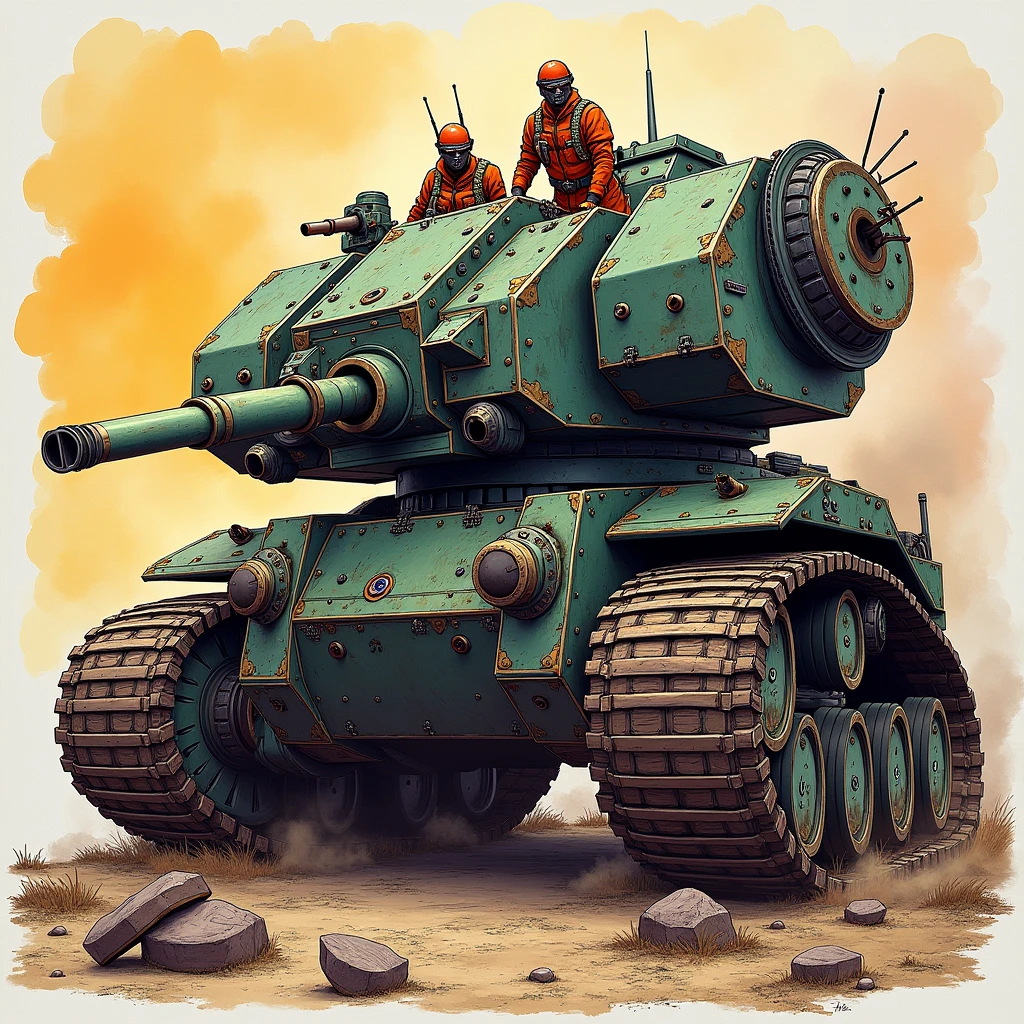 lmnrsstnk, ground vehicle, tank, vehicle focus, pulp_comic, heavy_lines, hand_drawn, hand_inked, hand_colored, blasted_desert, flint, boulders, black_sand, rocks, mountains, thorns,