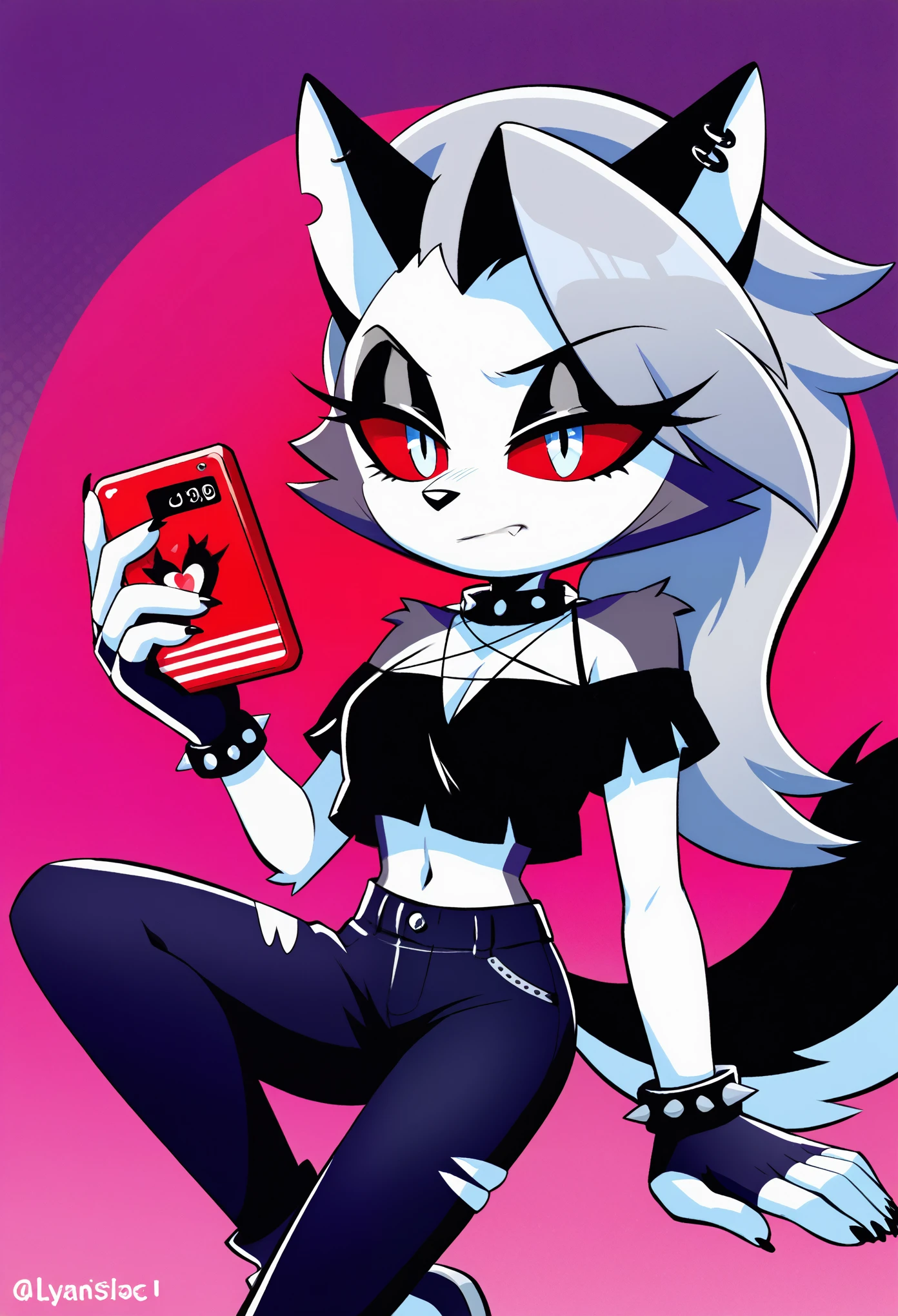 score_9, score_8_up, score_7_up, Akami Mira, (Vivziepop style), anthro, canid, canid demon, demon, female, hellhound, helluva boss, instagram, (loona), mammal, midriff, official art, red sclera, safe content, shoulderless shirt, solo, long grey hair, (by vivzmind)