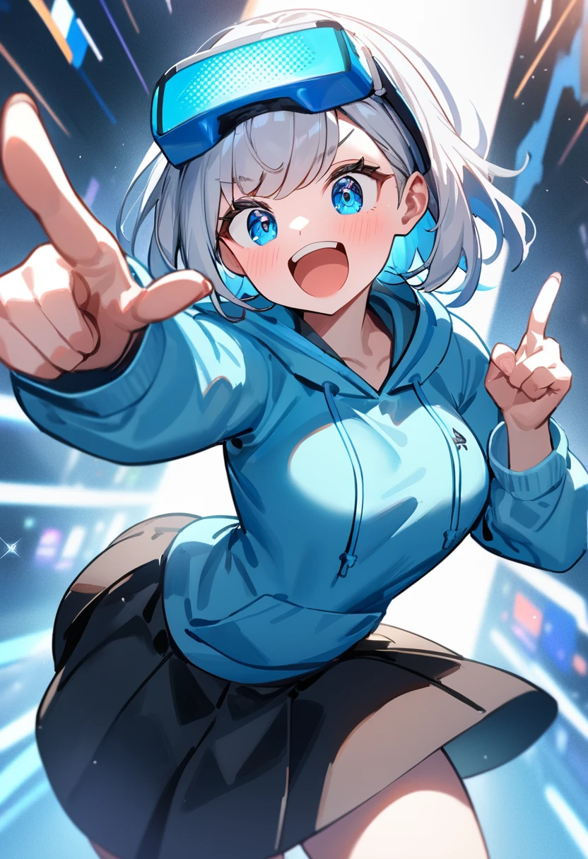 1girl, solo, White and blue hoodie、Black skirt, Beautiful light blue eyes, Long silver hair、,Large valleys、Leaning forward、VR Visor 、Jumping Pose、Excited face、dynamic pose ,high quality、Beautiful Art of Cyber World、single light, finger gun pointing to viewer, pointing to viewer, (masterpiece),gloss