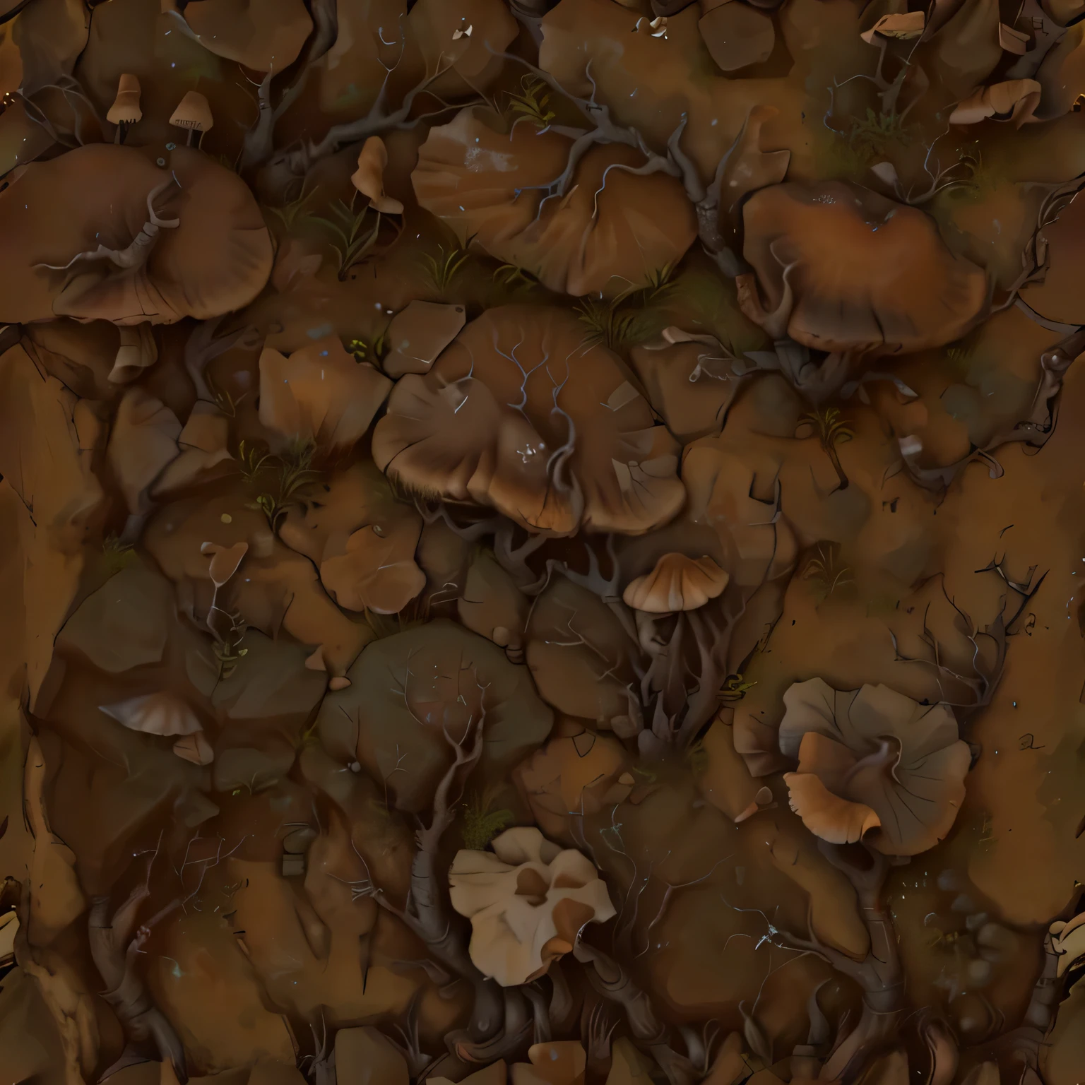 distance top down view of a dirt ground with roots and small cave mushrooms, topdown view, hand paint, stylized, small roots, small mushrooms, dirt texture, ground very detailed, clay texture, 4 k seamless mud texture, video game texture, ground detailed, realistic dirt, game texture, hd detailed texture, high quality textures, tileable texture, seamless game texture, megascans texture, realistic texture, very detailed texture, 2d texture