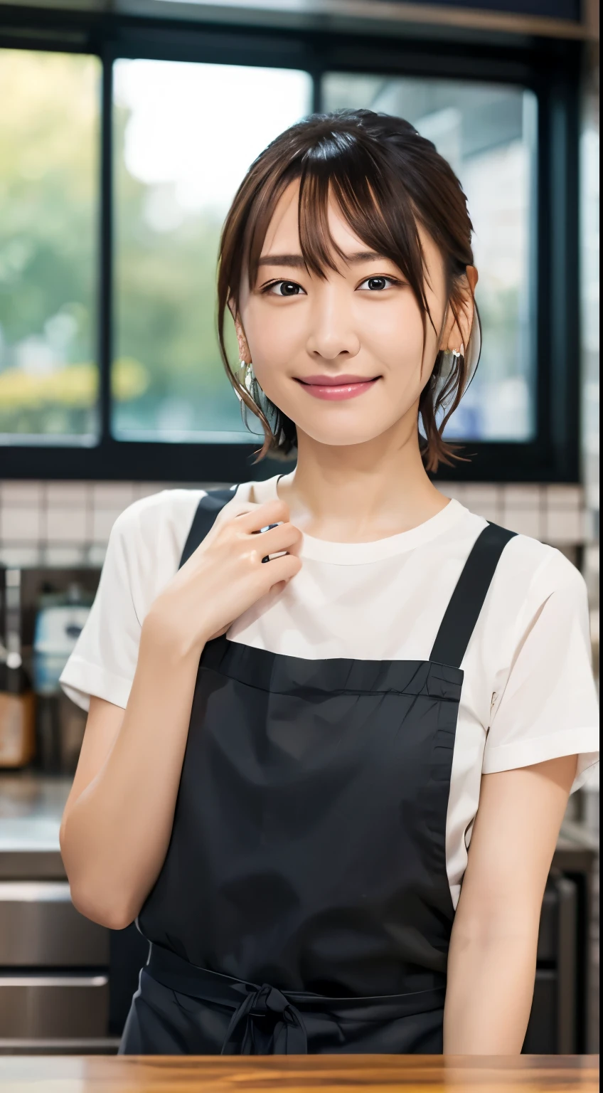 (Open Cafe、Cafe staff)、Earrings、(Cafe uniform)、short hair、They hesitate,、Wet Hair, Underarm,, (High color saturation:1.0), (Very detailed肌), (Please redeem:1.0), (Ultra-high resolution:1.0) ,(Realistic:1.0), (Very detailed:1.0), (8k, RAW Photos:1.1)、Center of chest、Spread your legs、Yoshizuki Iori、(Front View)、Brown Hair、slender、、ponytail、Serving customers at the counter