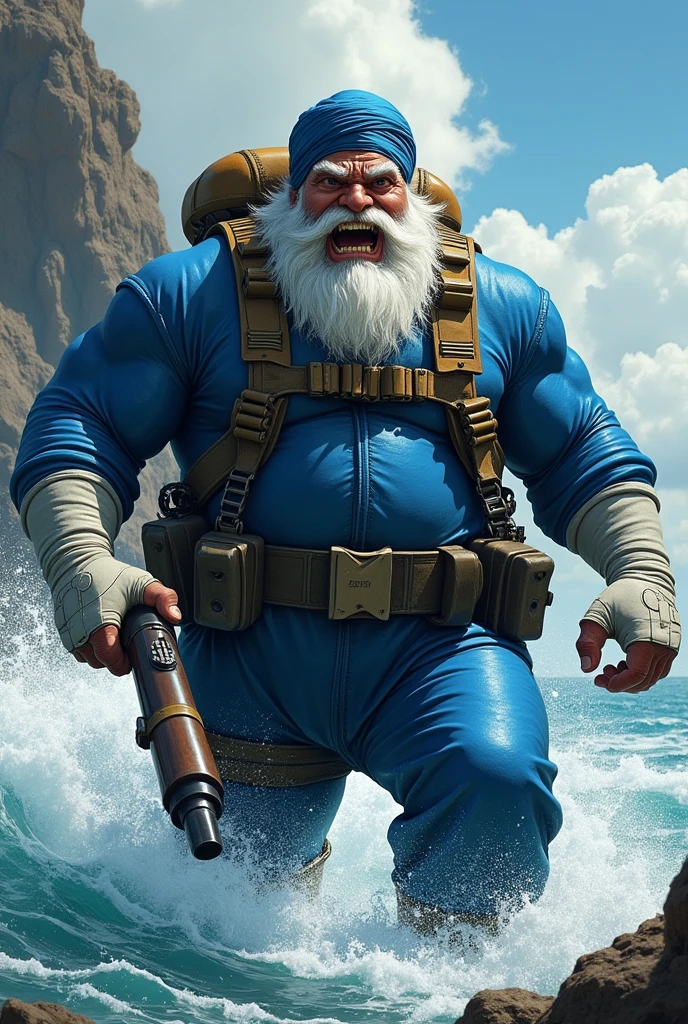 (A rugged beefy very muscular bulky snarling chubby sikh old man), (wearing blue wetsuit), carrying a bazooka. He has bulky scuba gear, muscular physique, toned muscles, fierce, heroic, action, comic artstyle, bulky best quality, wearing white fingerless gloves. wearing gun holster on left thighs, dynamic action pose, fierce expression, showcasing an imposing stature, powerful, best quality image, action-packed atmosphere, masterpiece.