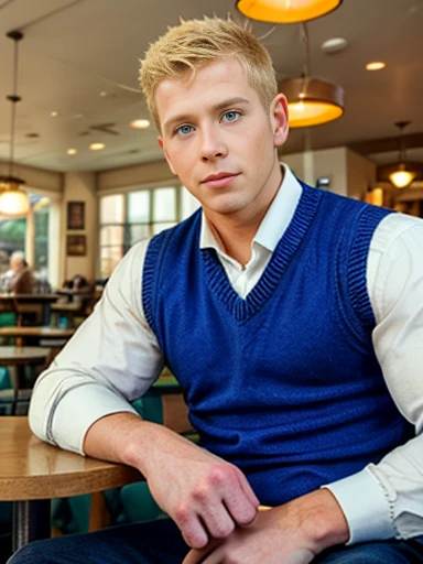  ((1boy)), ( solo), 
male focus, male focus, blonde hair, blue eyes, sideburns, sweater vest,
indoors, cafe background, sitting down,