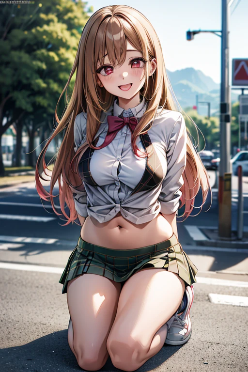 Top Quality 1 Girl Solo Curvy Slim Real Blurry Background Natsuyama Lakeside Boulevard Outdoor Shrug  \ (clothing)  Bikini Navel Plaid Skirt Socks Sneakers Masterpiece Blush Embarrassing Seductive Panting Horny Orgasm Viewer Evil Smile Kitagawa Marine Blonde Long Hair IR Multi Colored Hair Red Eye Pikki Marin