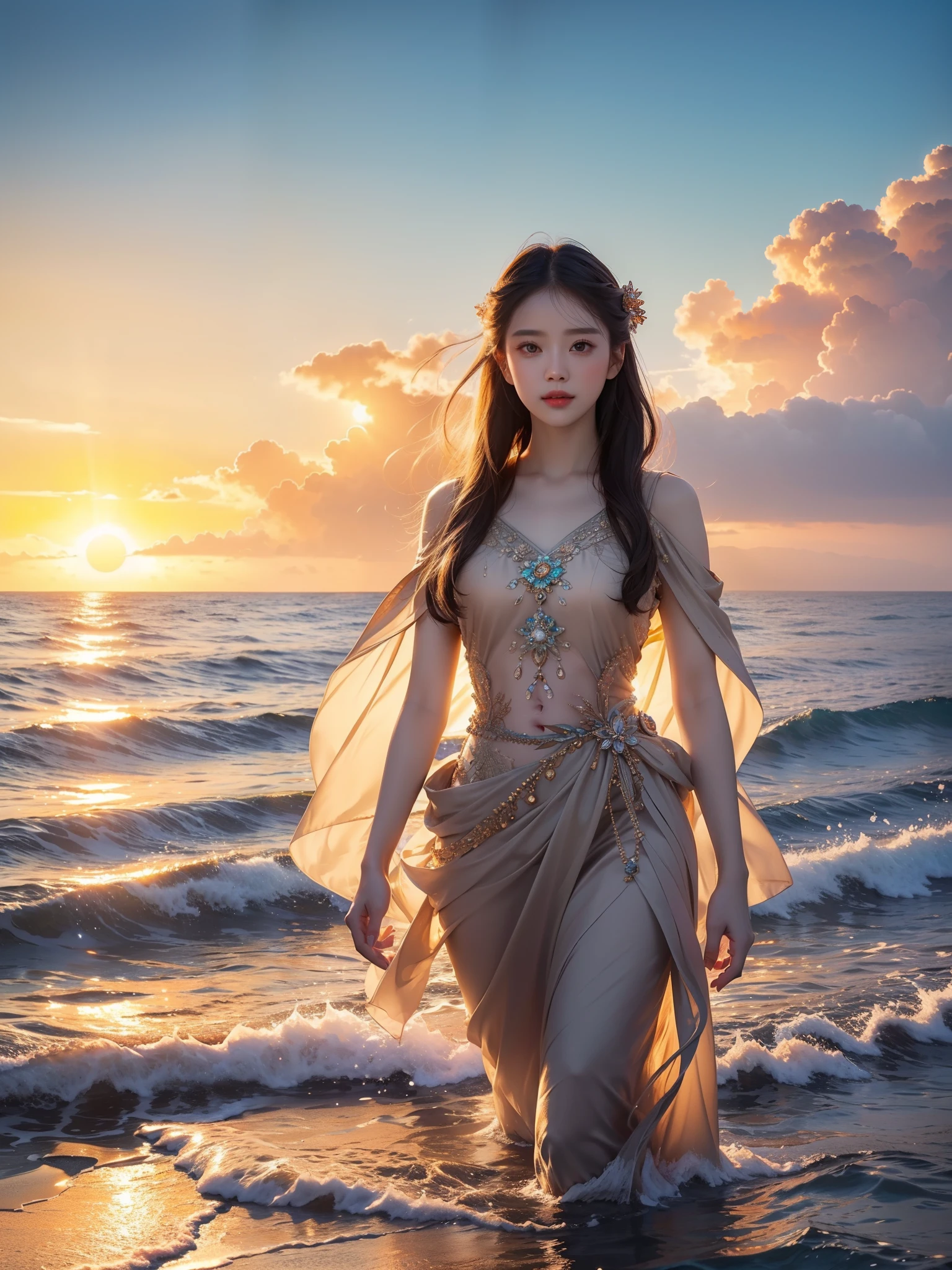 (highest quality、table top、8K、best image quality、extremely complex and detailed depiction)、(Mainly depicting one princess:1.1)、(A photo of the princess above the waist:1.2)、standing elegantly、A perfect composition depicting a beautiful princess、The most luxurious and highest quality giant tiara、The most luxurious and highest quality giant necklace、luxury jewelry decoration、The most luxurious pure white princess dress、The background is a sea of clouds、Beautiful sea of clouds and sunset background、the most fantastic and fantasy、(Princess upper body photo:1.2)、Spectacular view、A beautiful view of the sea of clouds that can be seen far into the distance、accurate anatomy、smile looking at me、look at me、epic movie lighting、Fantastic sunset、beautiful twilight、Fantastic orange and purple sunset sky、(The princess is on an isolated island floating in the air.:1.1)、An island surrounded by mysterious nature、sheer cliff、想像を絶する美しいSpectacular view、detailed face、beautiful face、(In the far background there is a small island in the sky:1.1)