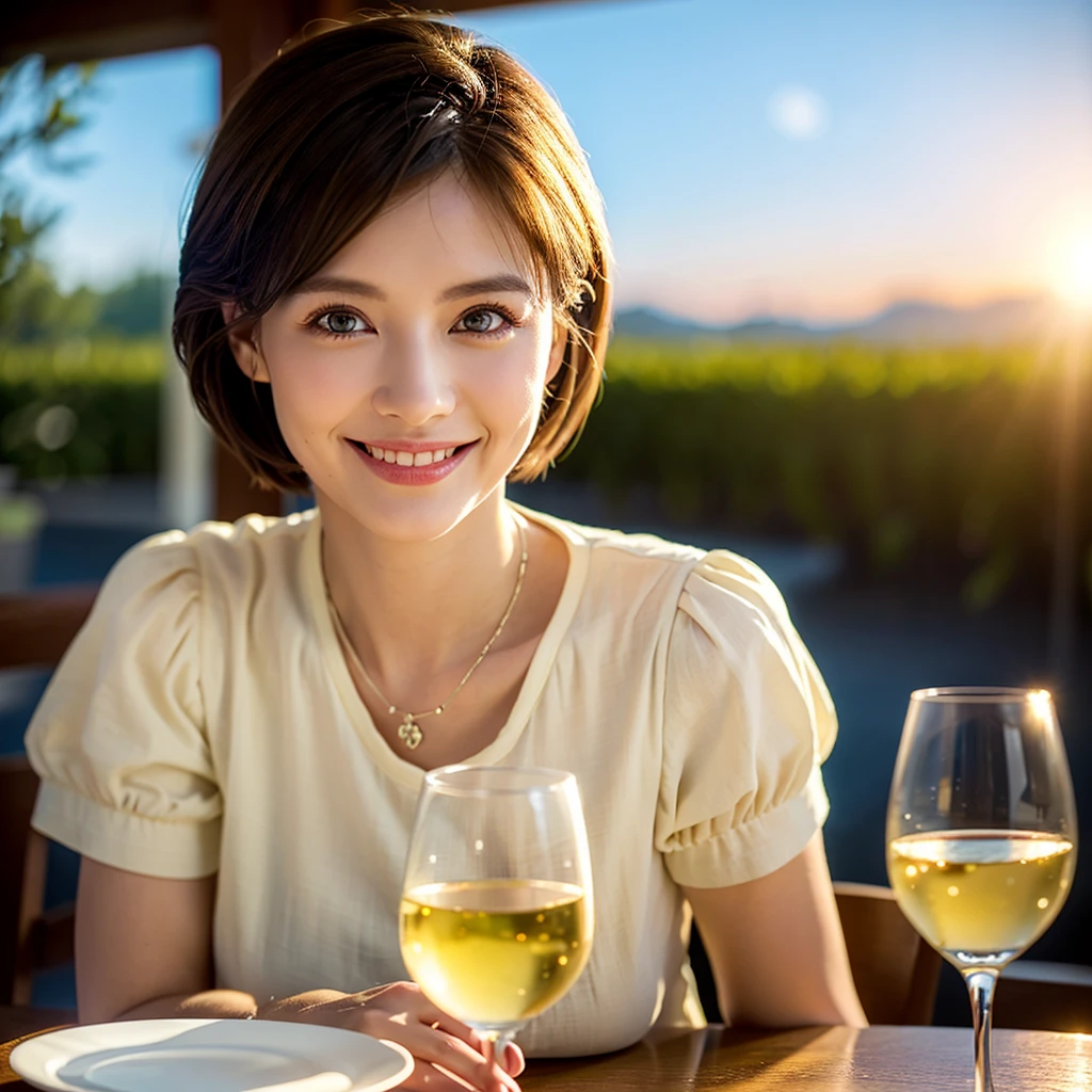 ((Highest quality、8K、masterpiece:1.3))、cute、slimカップル、modelカップル、actress男優、(Realistic, Intricate details:1.2), full-course dinner、Wine Party、Amazing view of the sunset sky and clouds、A bright smile、short hair,Bright Face、 (Age 45), 42 years old, red wine 、Appetizers、Italian food、Wine bottle、Champagne、sparkling wine、Two beauties、Brown Hair、Shortcuts、Long sleeve shirt、dress、Beautiful woman 1, (slimな顔), (The body is slim), (Brown Hair), (Shortcuts), cheeks turn a little red,Attractive beauty、restaurant, In a prominent place (From the waist up) Nova Frog Style, actress, model, Upper Body, White wine, slim, wine glass, 中央に置かれたwine glass, smile, (smile: 1.15), Beautiful fine grain, Depth f/2,saturation, High Contrast, Strong light and shadow,Moist Body:1.5、3D texture、Delicate eyes、Brown Hair、The hair is very shiny、