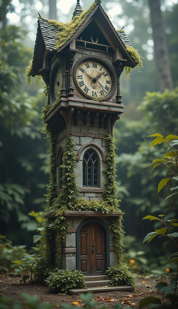 (La Best quality,high resolution, looks super detailed,actual),A huge dilapidated and abandoned clock house，Covered with plants，The light is very dim（ （（A masterpiece full of horror elements ）））， （（Best quality））， （（Intricate details））（8K）