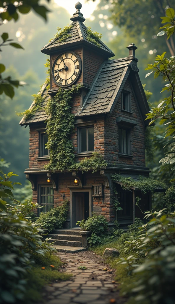 (La Best quality,high resolution, looks super detailed,actual),A huge dilapidated and abandoned clock house，Covered with plants，The light is very dim（ （（A masterpiece full of horror elements ）））， （（Best quality））， （（Intricate details））（8K）