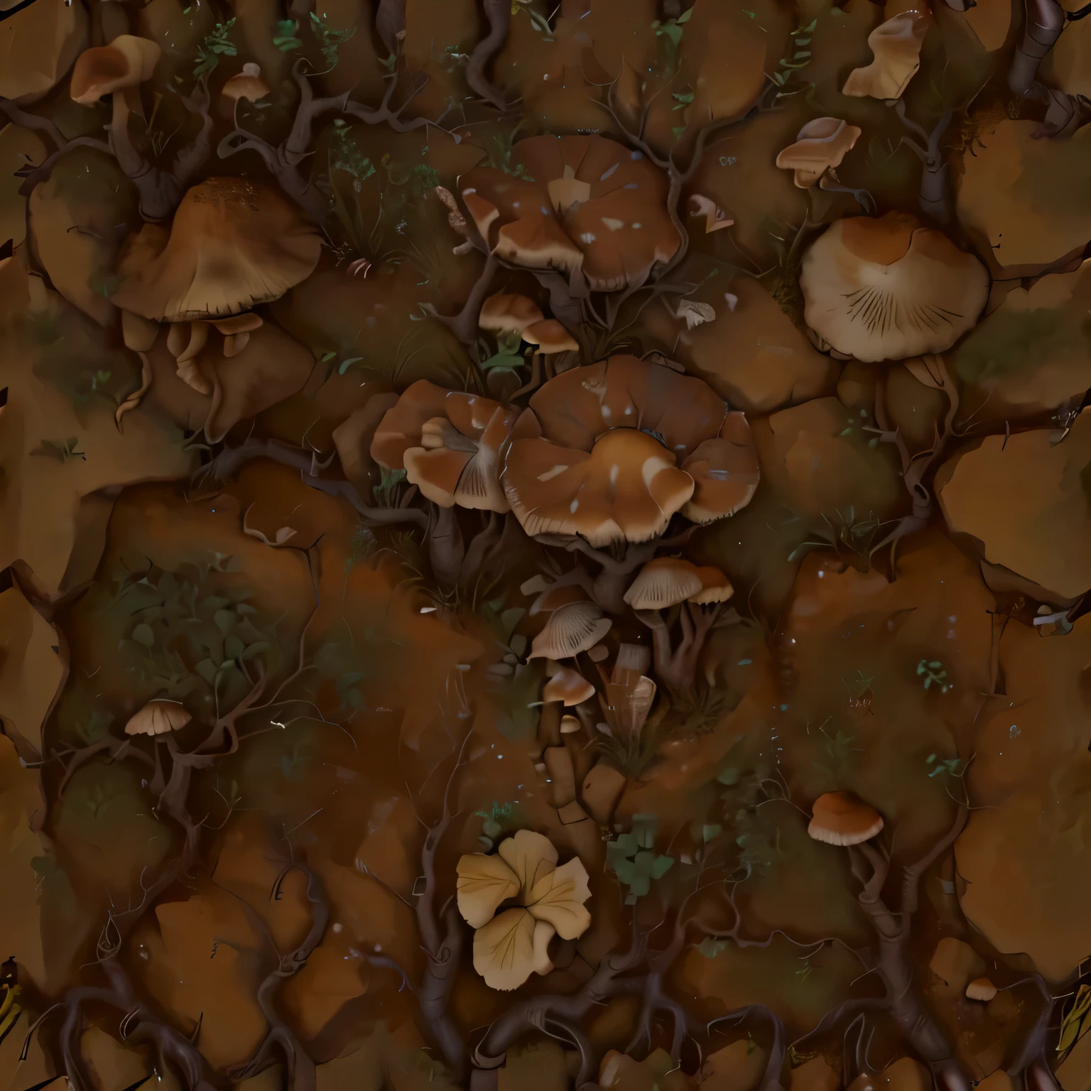 distance directly top down view of a dirt ground with roots and small cave mushrooms, game texture, 4meters*4meters, topdown view, hand paint, stylized, lot vines and roots, few very small mushrooms, dirt texture, ground very detailed, clay texture, 4 k seamless mud texture, video game texture, ground detailed, realistic dirt, game texture, hd detailed texture, high quality textures, tileable texture, seamless game texture, megascans texture, realistic texture, very detailed texture, 2d texture