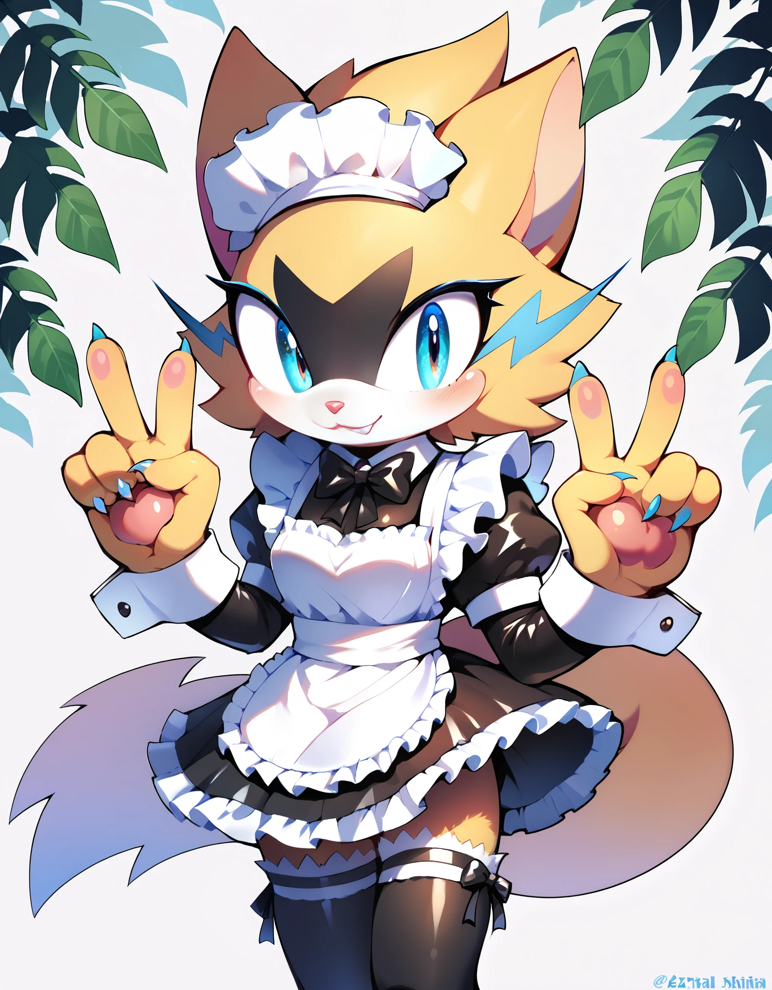 score_9, score_8_up, score_7_up, Akami Mira, solo, female, zeraora, furry, fluffy, cat nose, fluffy body, maid, peace sign