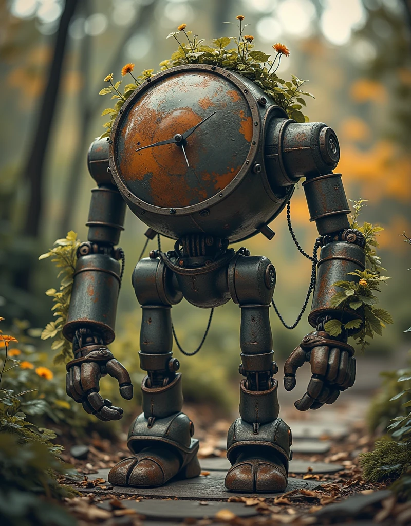 (La Best quality,high resolution, looks super detailed,actual),A giant clock robot that is dilapidated and abandoned，Covered with plants，The light is very dim（ （（A masterpiece full of horror elements ）））， （（Best quality））， （（Intricate details））（8K）