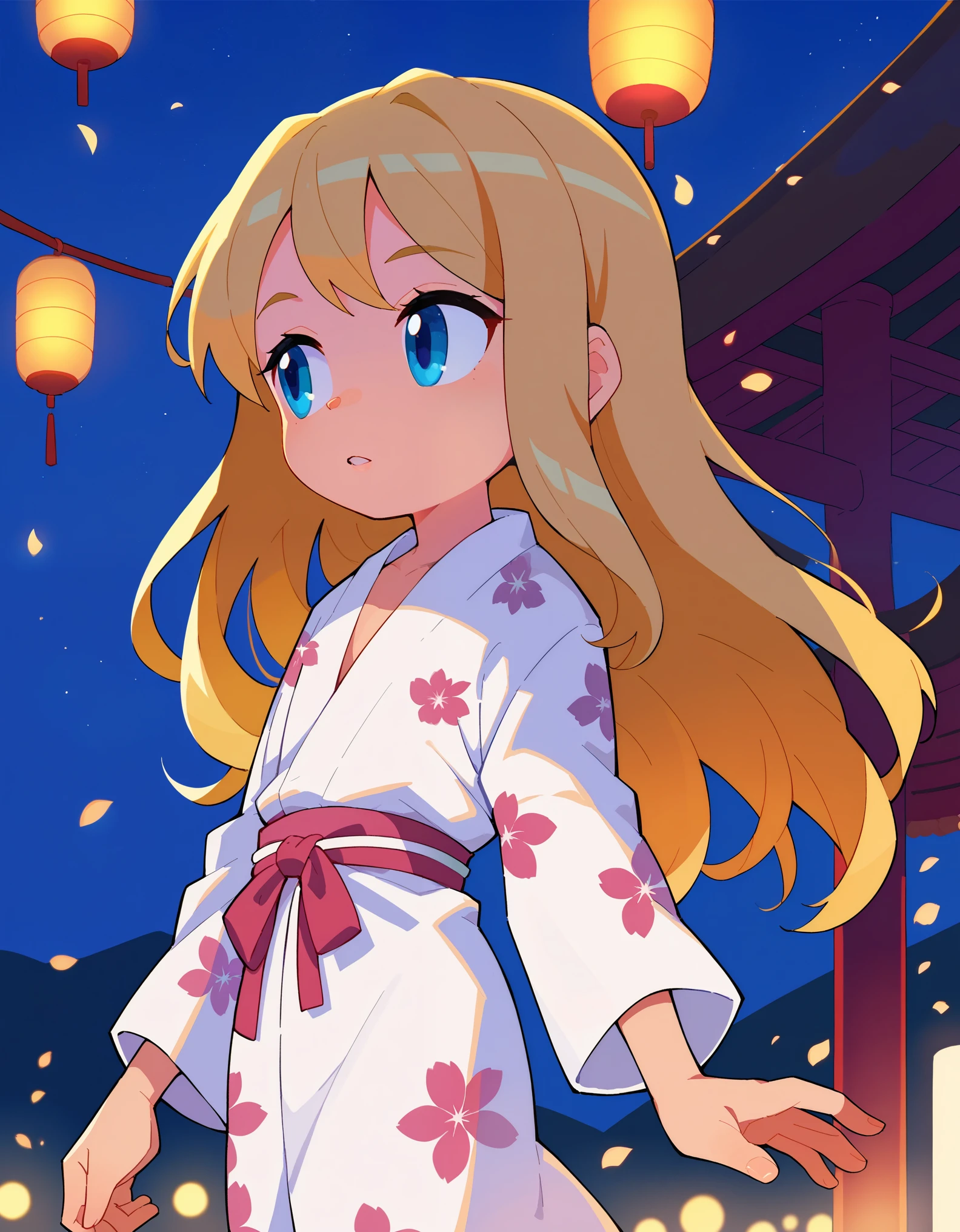 score_9,score_8_up,score_7_up, solo, shiina_anzu,blonde hair,long hair,blue eyes,parted lips,flat chest,white yukata,pink yukata,looking away,japan,summer festival,night,sky,