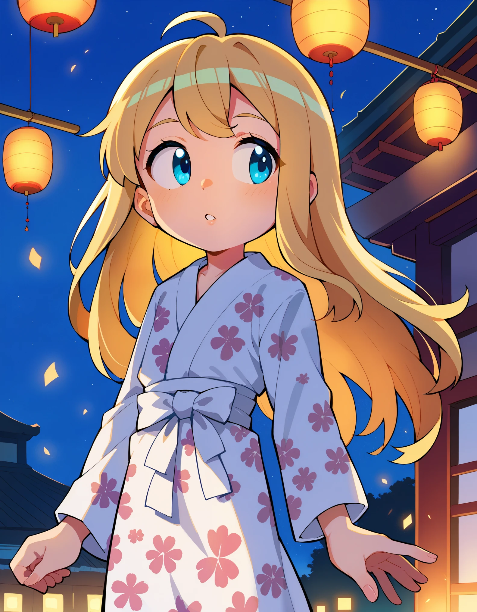 score_9,score_8_up,score_7_up,  solo, shiina_anzu,blonde hair,long hair,blue eyes,parted lips,flat chest,white yukata,pink yukata,looking away,japan,summer festival,night,sky,