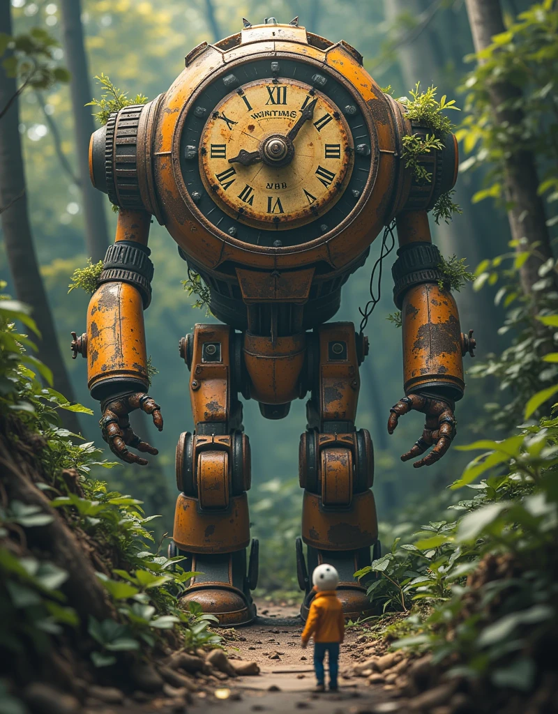 (La Best quality,high resolution, looks super detailed,actual),A giant clock robot that is dilapidated and abandoned，Covered with plants，The light is very dim，Tiny humans（ （（A masterpiece full of horror elements ）））， （（Best quality））， （（Intricate details））（8K）