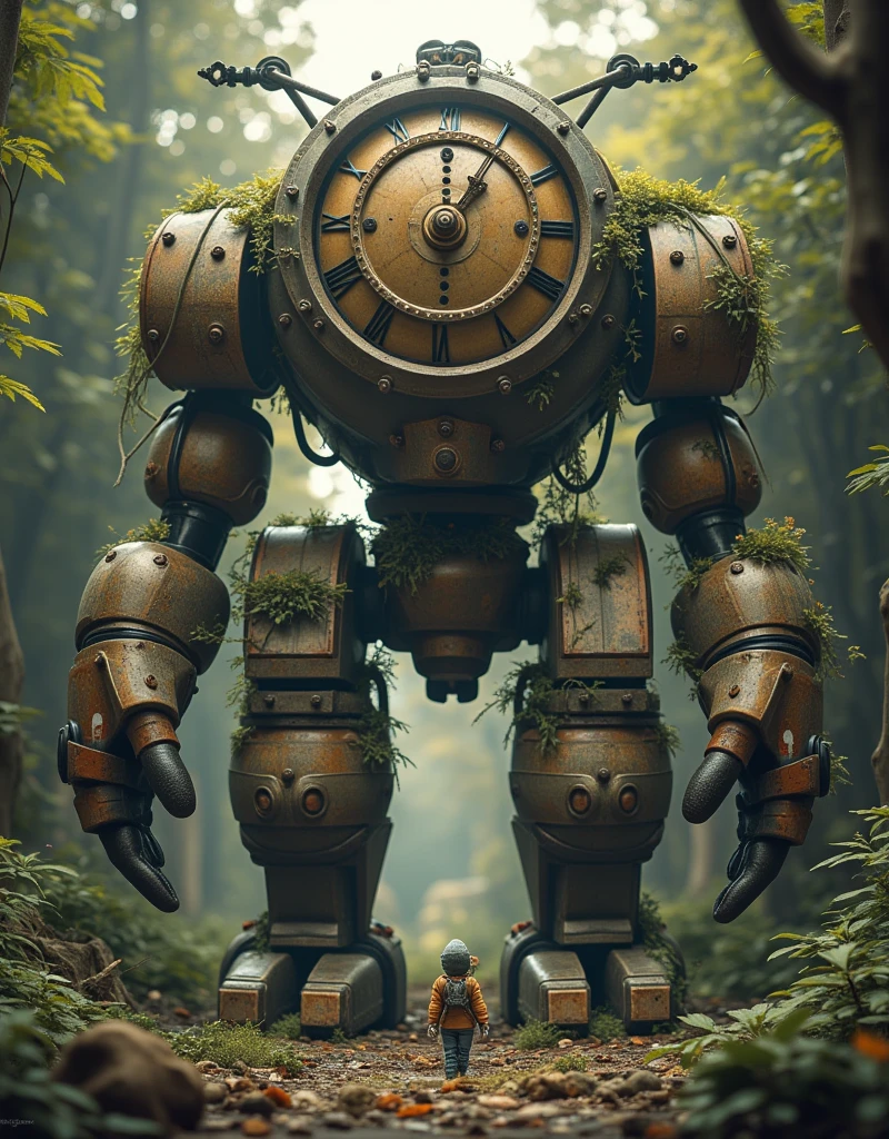 (La Best quality,high resolution, looks super detailed,actual),A giant clock robot that is dilapidated and abandoned，Covered with plants，The light is very dim，Tiny humans（ （（A masterpiece full of horror elements ）））， （（Best quality））， （（Intricate details））（8K）