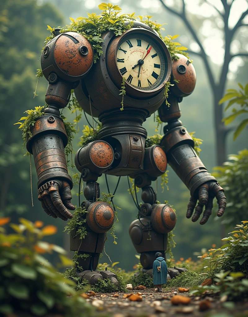 (La Best quality,high resolution, looks super detailed,actual),A giant clock robot that is dilapidated and abandoned，Covered with plants，The light is very dim，Tiny humans（ （（A masterpiece full of horror elements ）））， （（Best quality））， （（Intricate details））（8K）