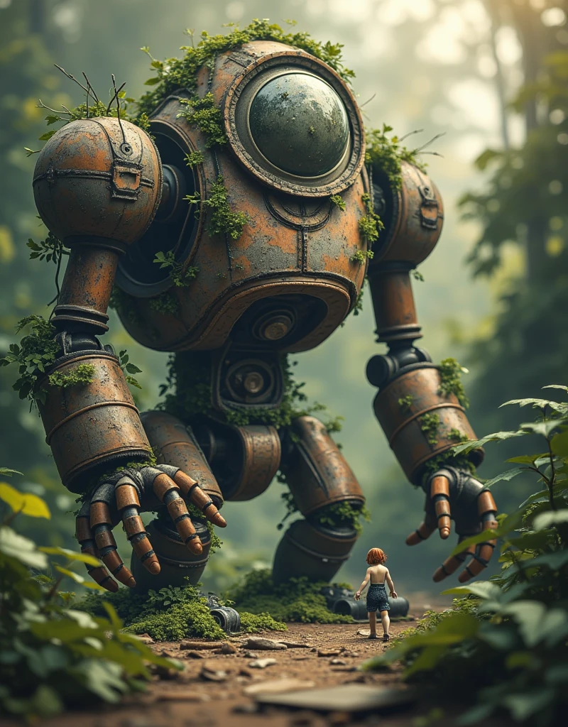 (La Best quality,high resolution, looks super detailed,actual),A giant clock robot that is dilapidated and abandoned，Covered with plants，The light is very dim，Tiny humans（ （（A masterpiece full of horror elements ）））， （（Best quality））， （（Intricate details））（8K）