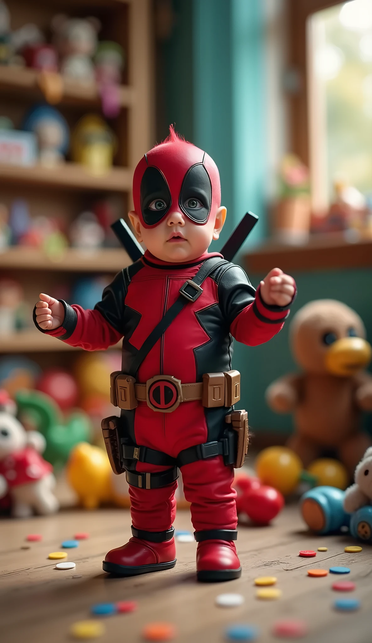 high resolution、Superior image quality、Top-notch image quality、Maximum quality、in 8K、real live action、realisitic、Raw photo、Masterpiece artwork、tabletop、professional lighting、realisitic background、((2 years))、standing、、cute (fantasia de fantasia de deadpool da marvel))、、, a baby face、mascara 、((closing the eye)), ((work of art), (best qualityer), (CRU photo), (fotorrealisitic:1.4), Foto altamente realisitic, Portrait of an Australian, 1 year old, mascara deadpool, glare eyes, wearing a marvel deadpool costume, detailed clothing, The light from above shines down, (background red), photo taken in 1975 by Fujifilm XT3